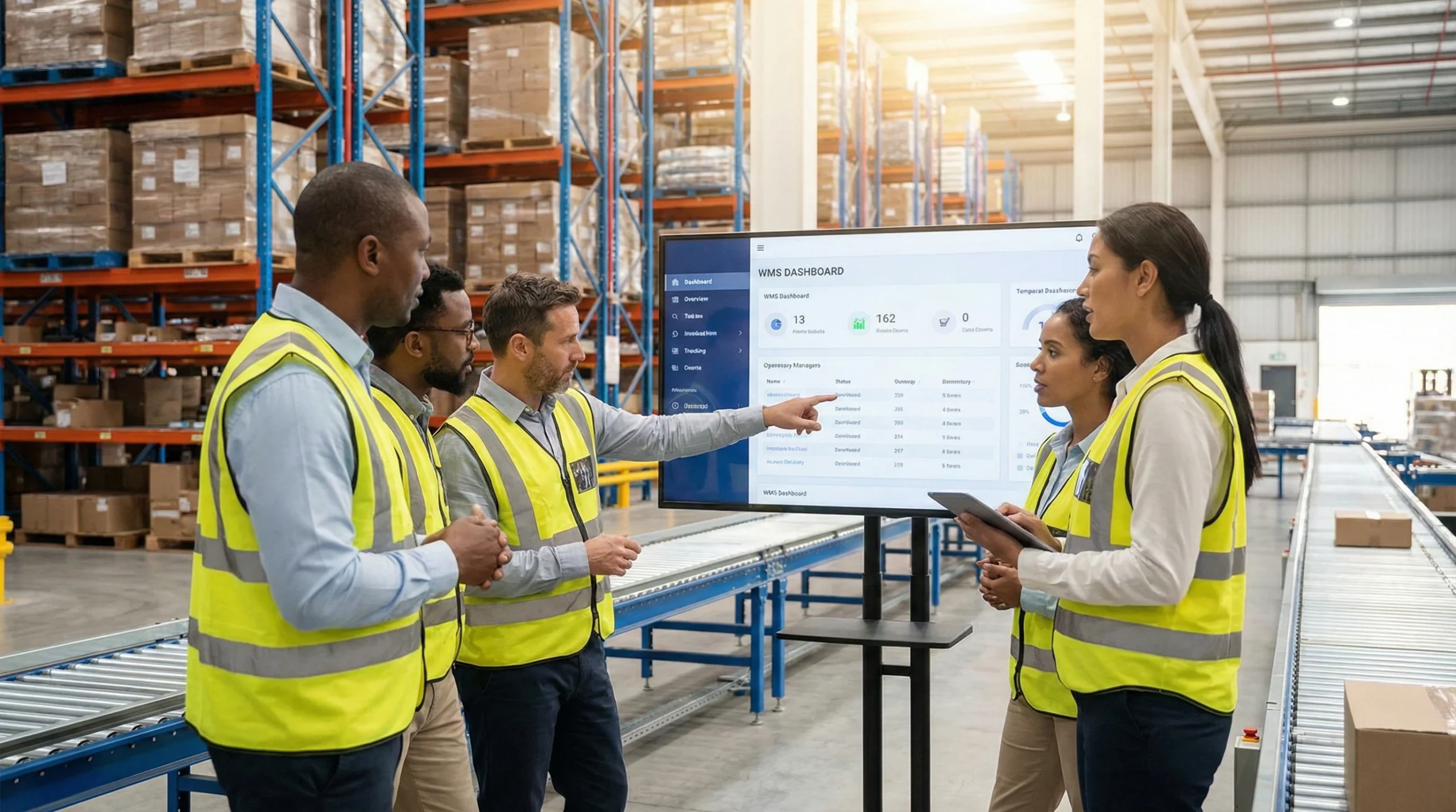 Warehouse team evaluating WMS system on computer in distribution center