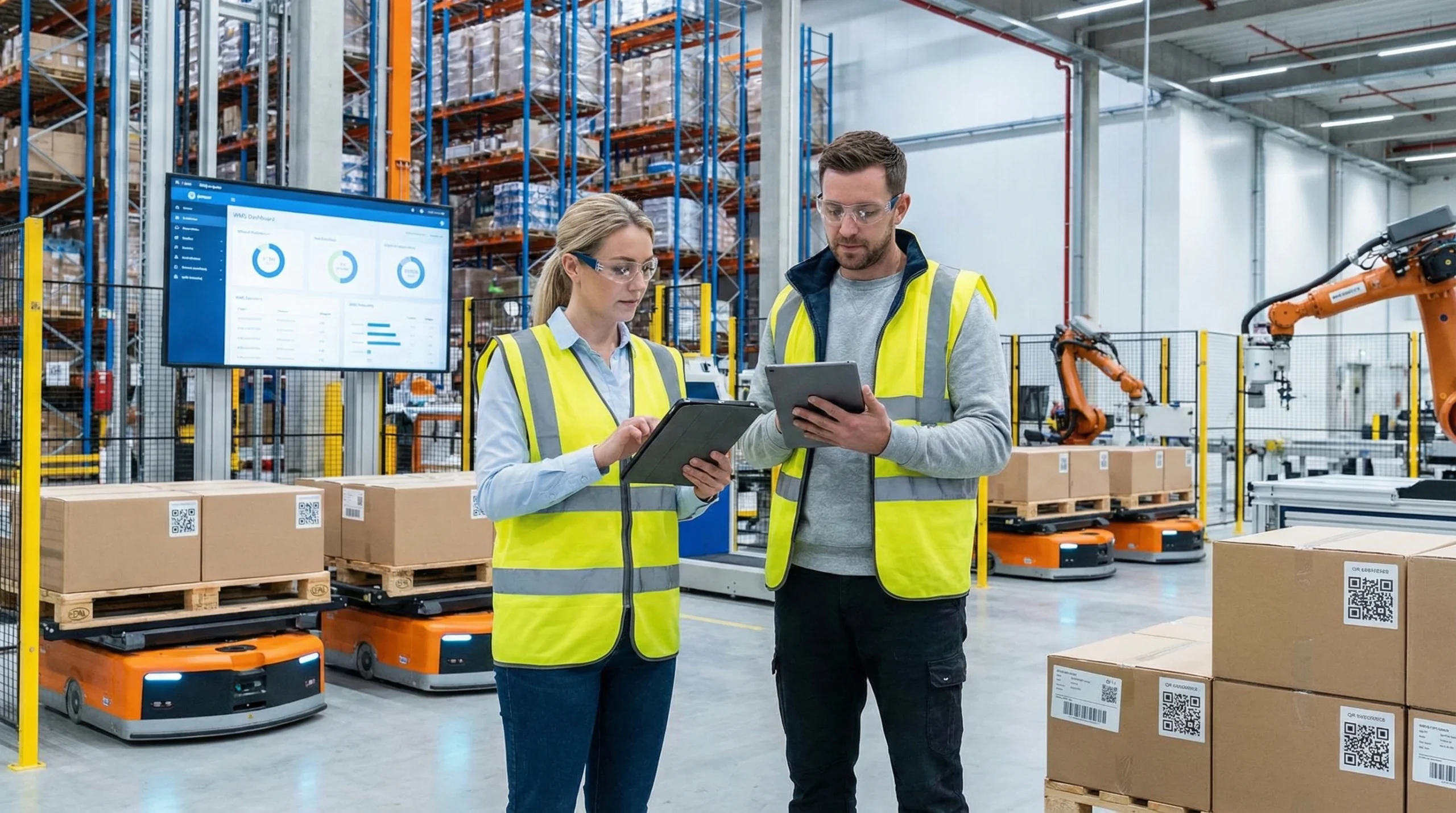 Two warehouse workers using tablet to manage inventory in modern WMS facility