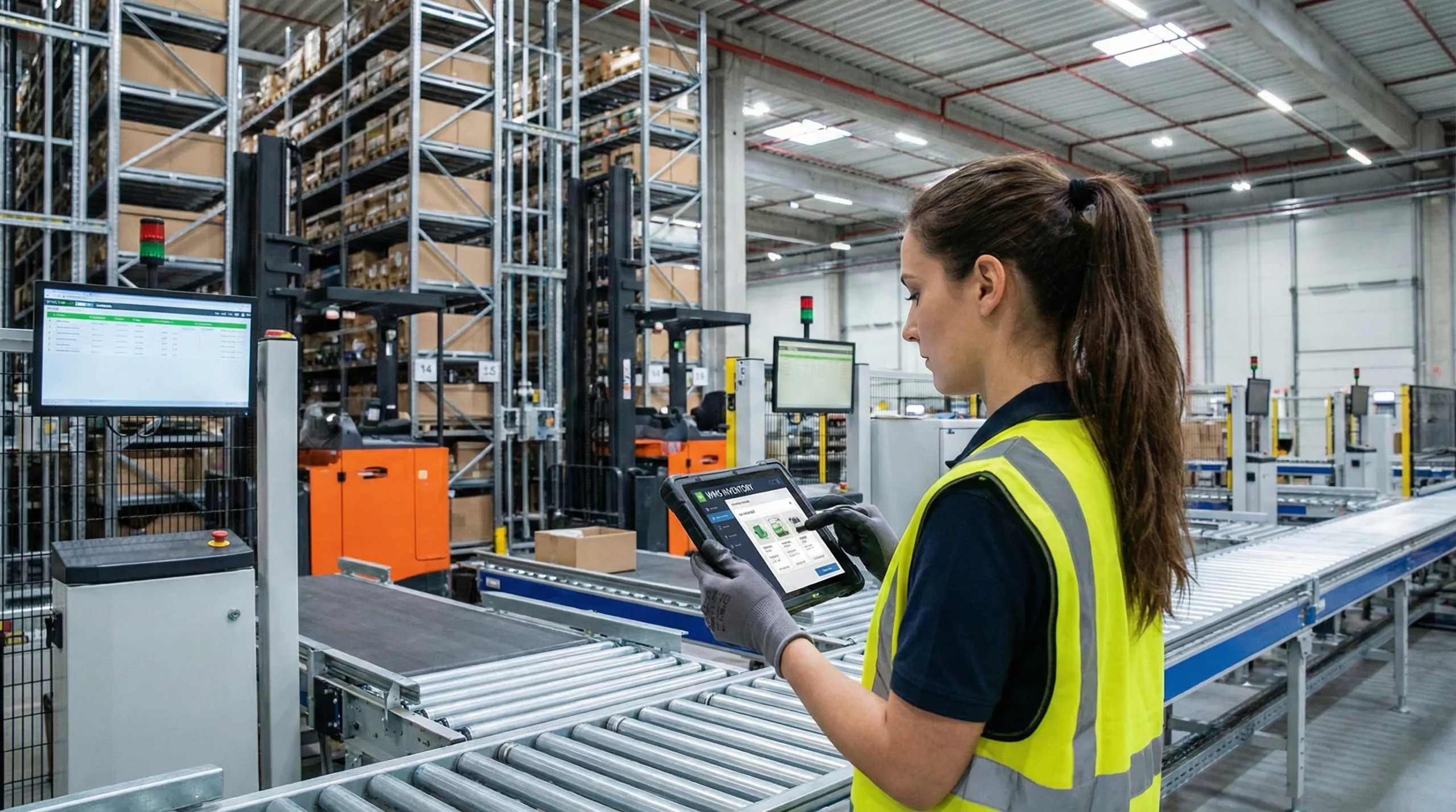 Warehouse worker with tablet managing inventory in modern WMS-enabled distribution center