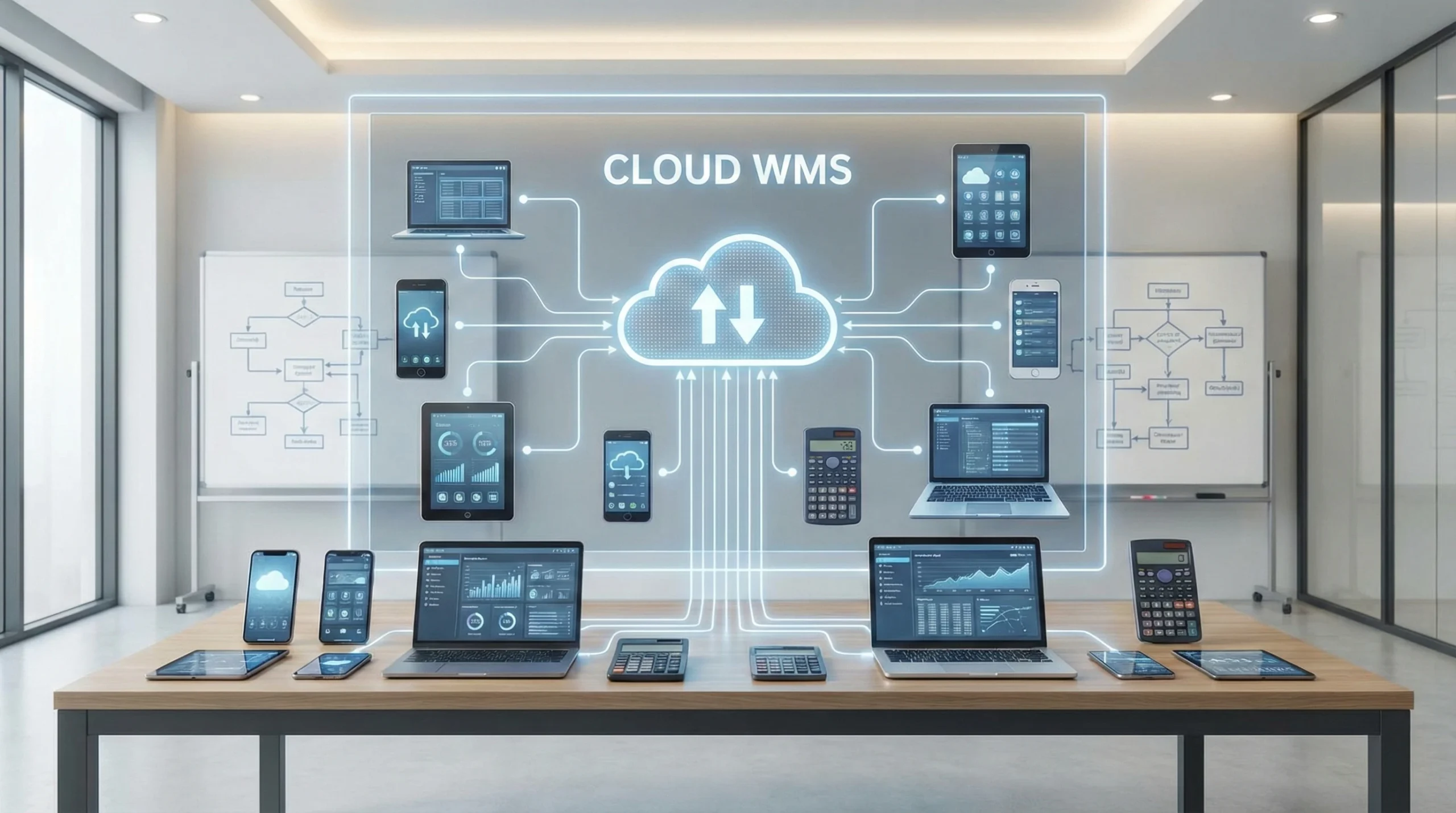 Cloud WMS technology diagram showing connected devices including smartphones, tablets, laptops and calculators