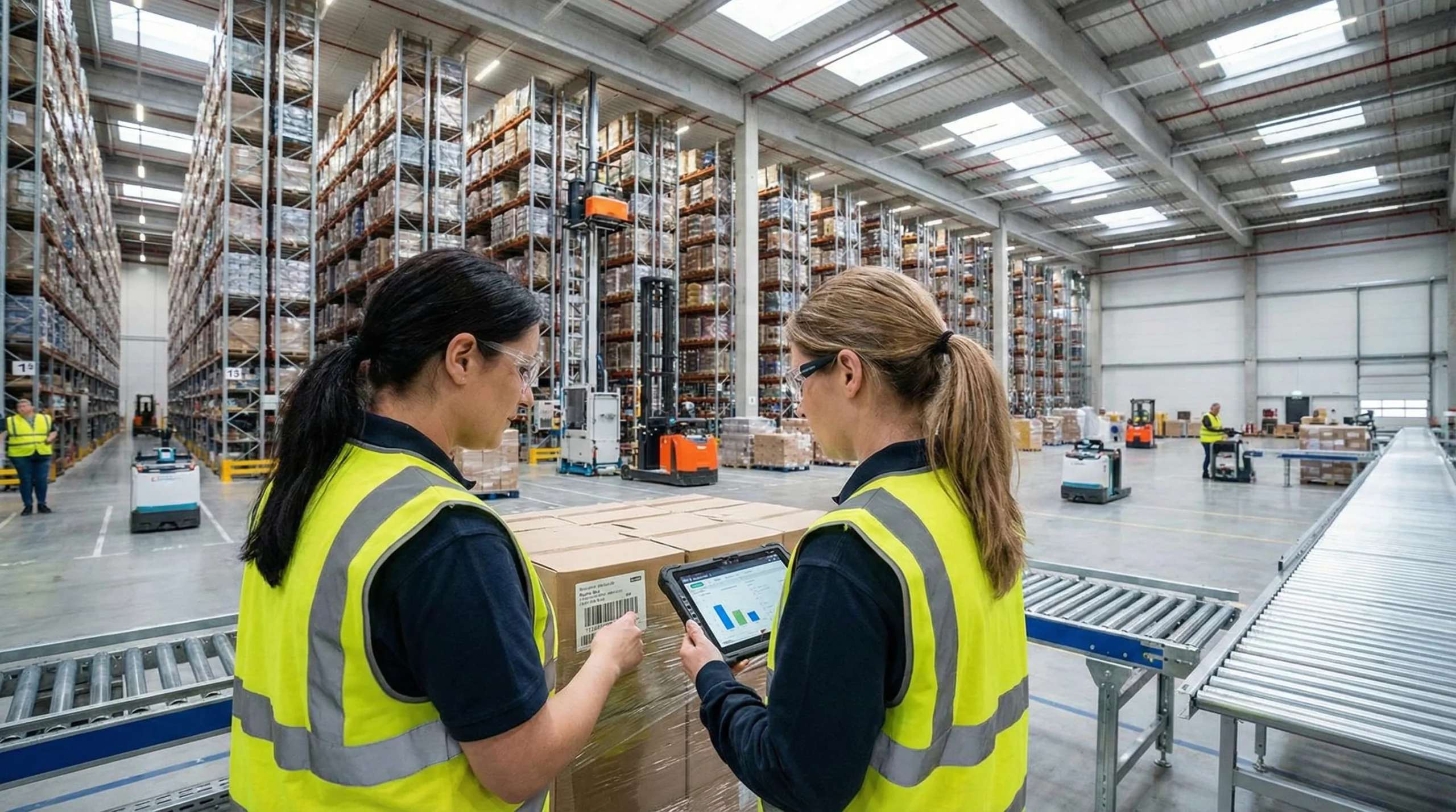 Warehouse worker using tablet technology to manage inventory in modern distribution center