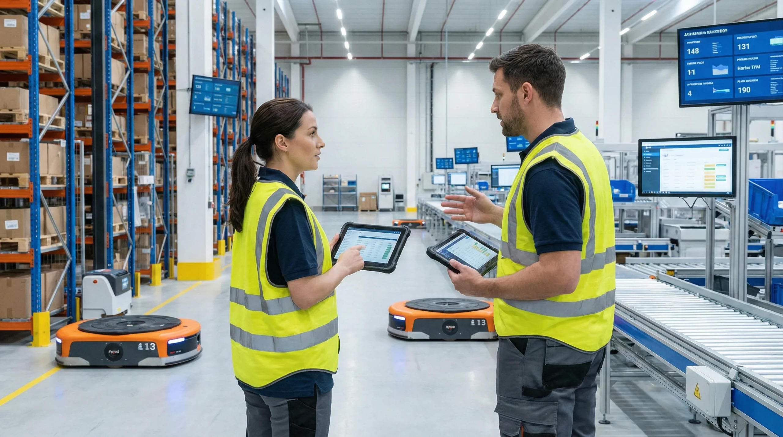 Two warehouse workers using tablet to manage inventory in modern WMS facility