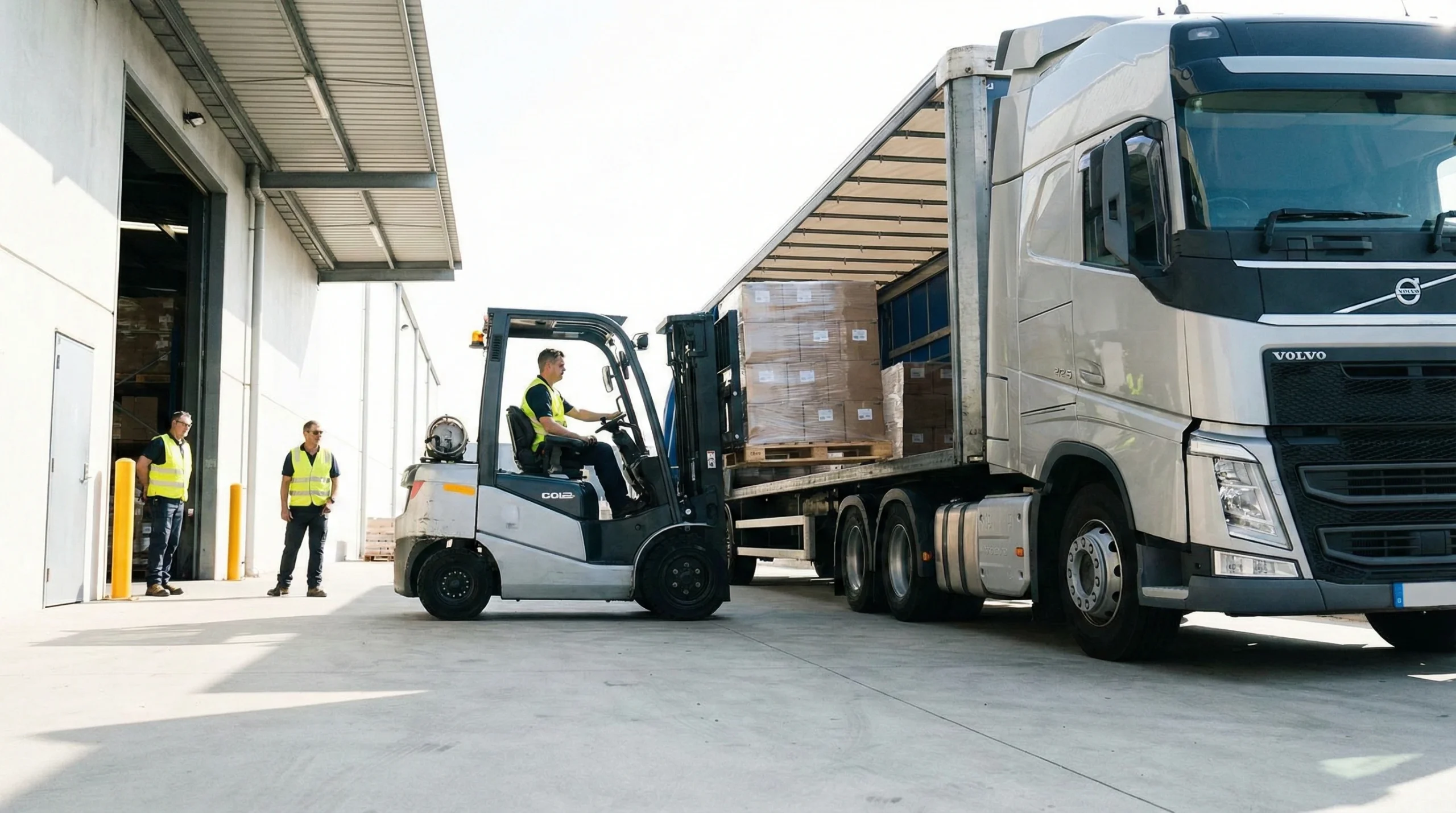 Forklift operator loading palletized goods onto truck trailer at warehouse loading dock