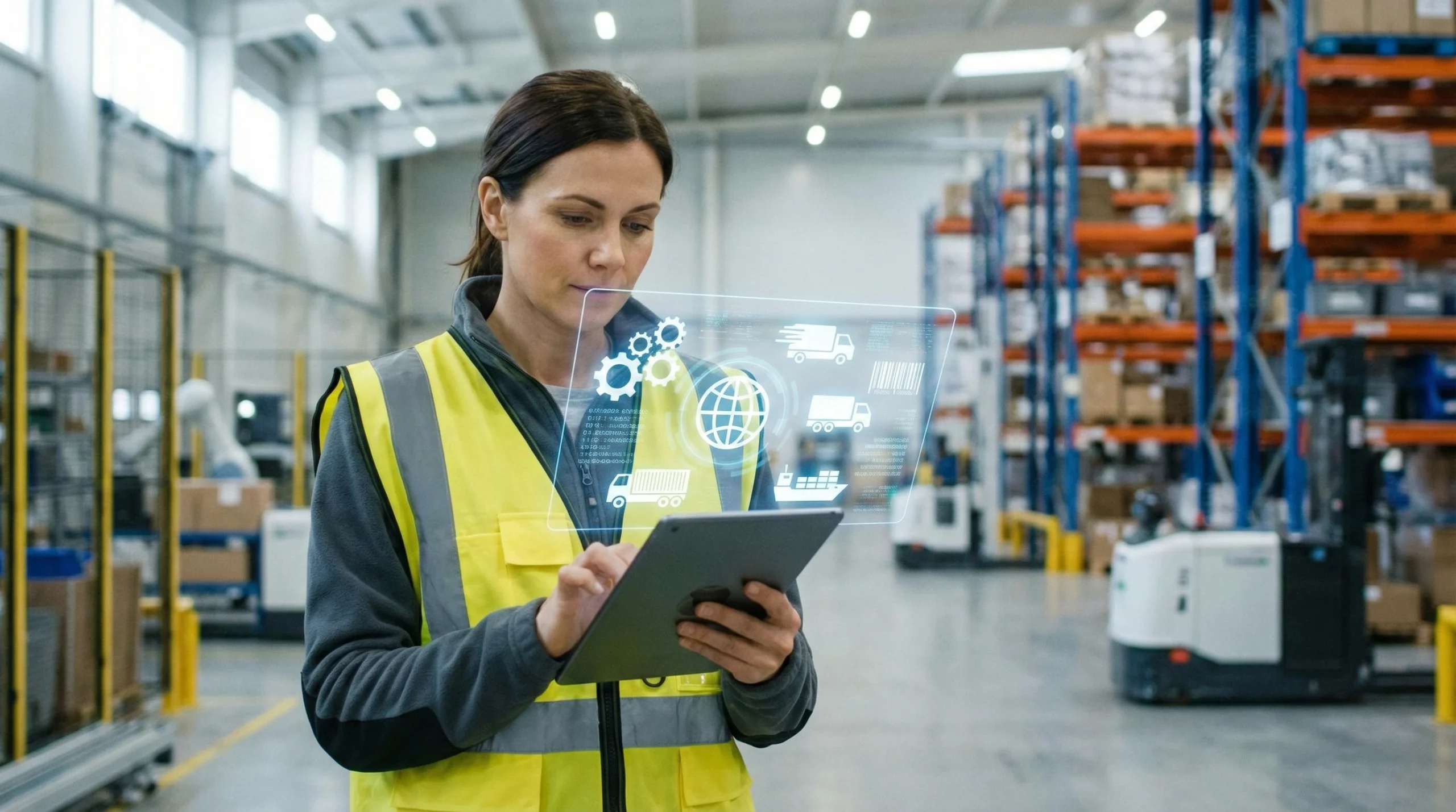 Female warehouse worker using digital tablet with integrated supply chain management icons overlay