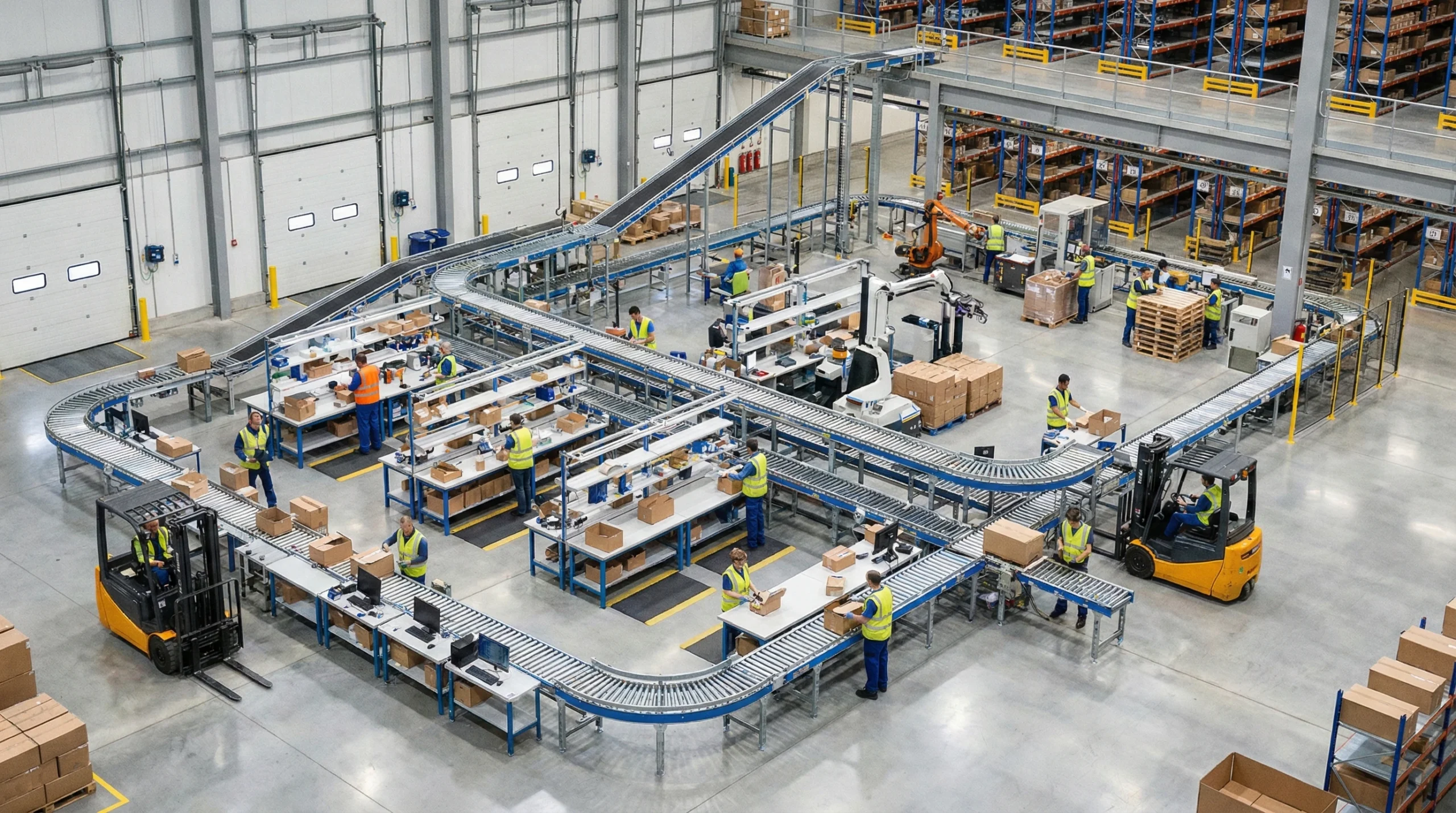 Isometric warehouse interior showing pick pack ship operations with workers and conveyor system