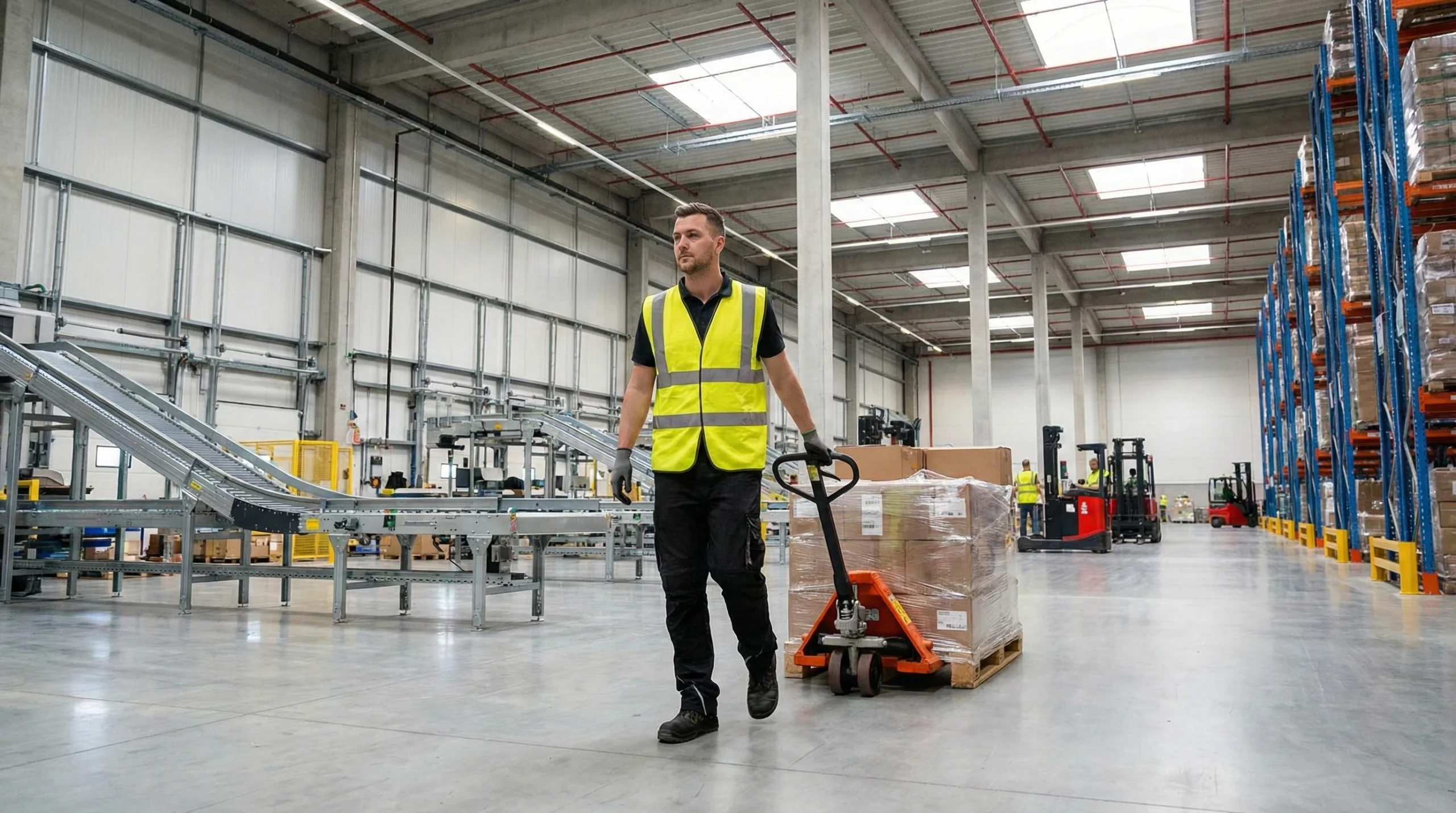 Warehouse worker in safety vest using pallet jack in modern 3PL facility