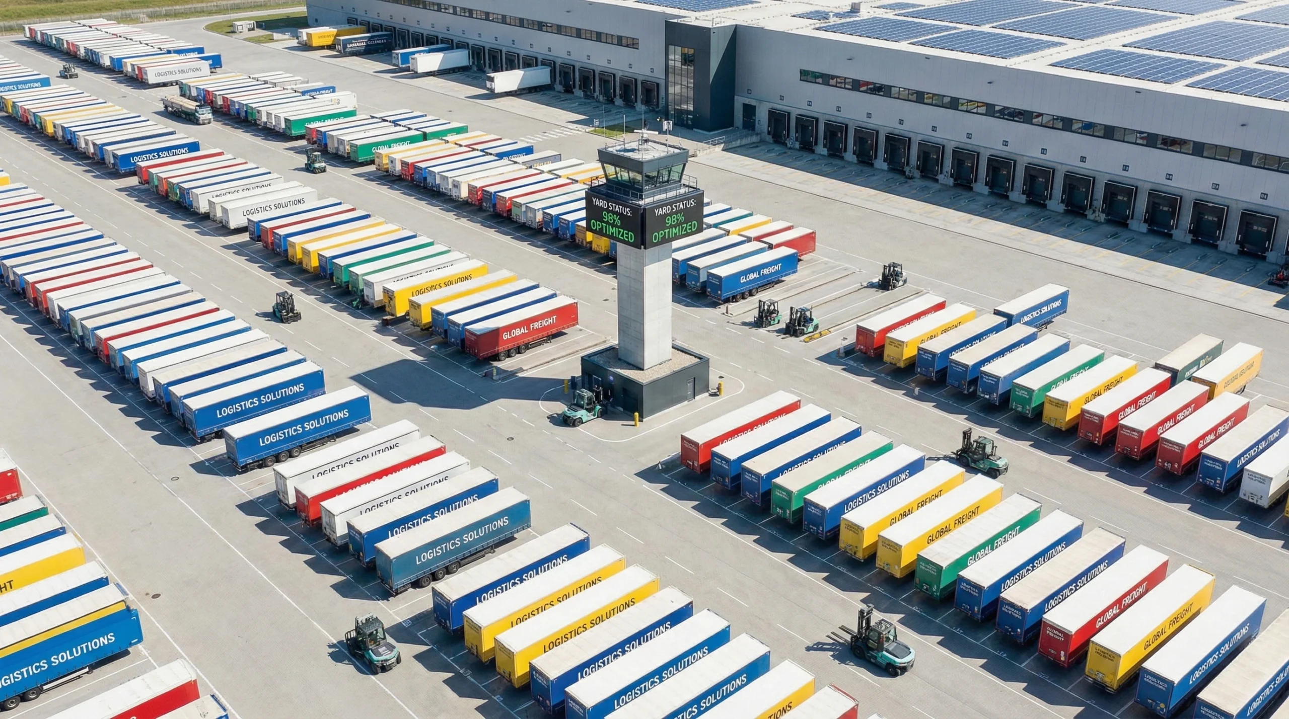 Large warehouse facility with organized trailer yard showing efficient logistics management system