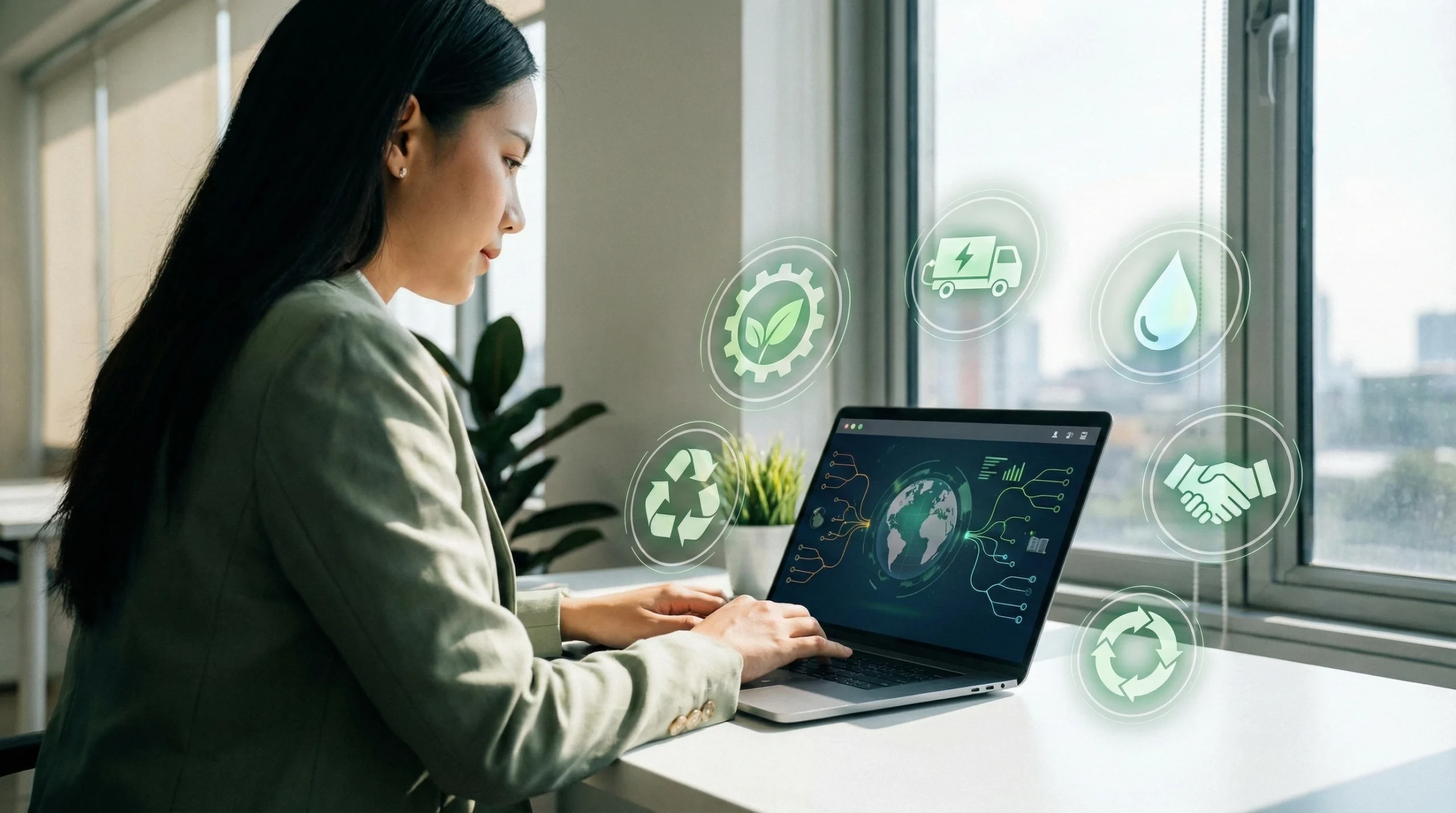 person on laptop with different icons presenting supply chain sustainability