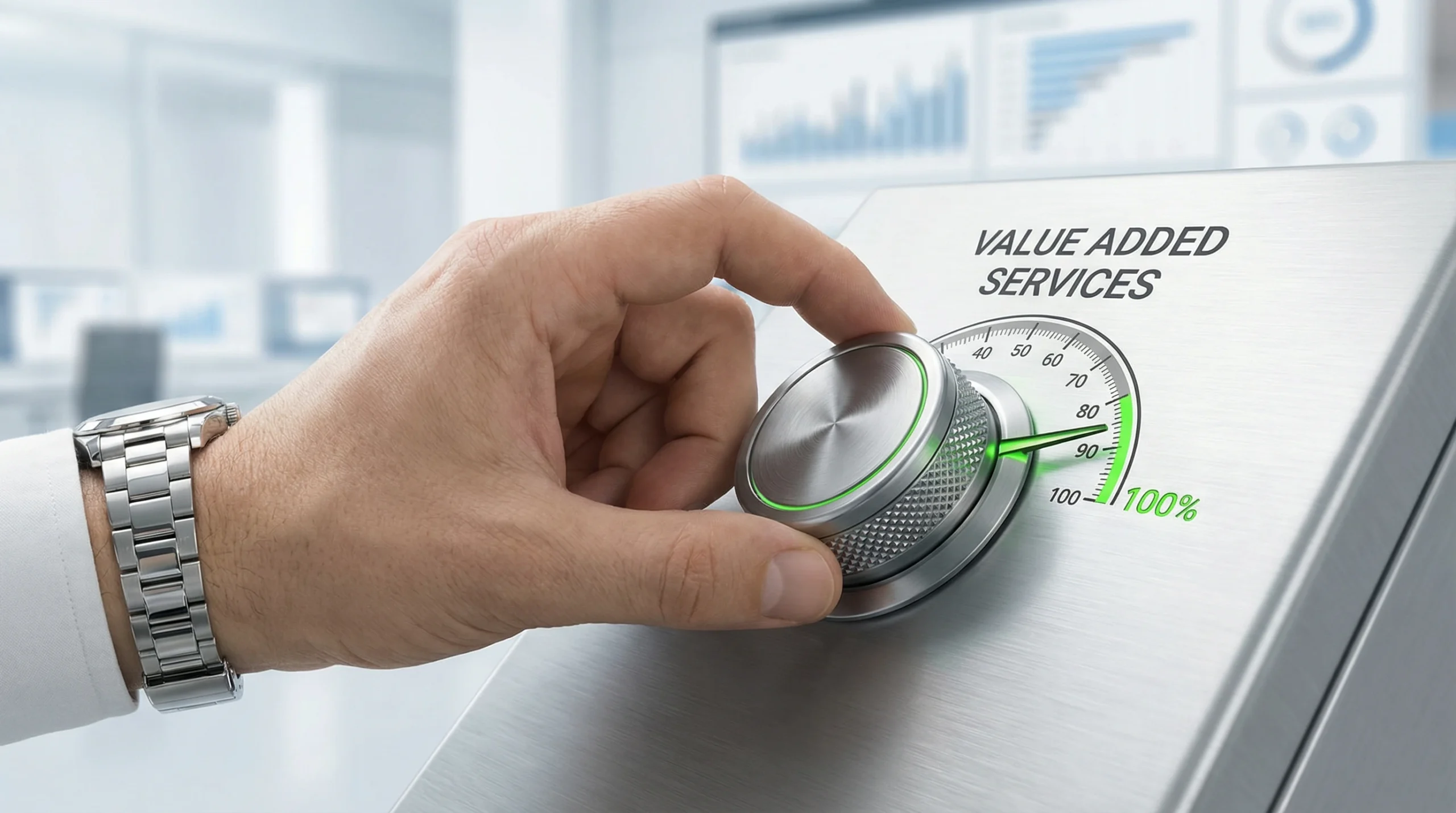 Hand turning dial to increase value added services gauge to 100 percent