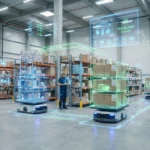 Holographic warehouse visualization showing digital inventory management and streamlined operations technology