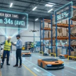 Modern warehouse with digital overlays showing order pick times and inventory management systems