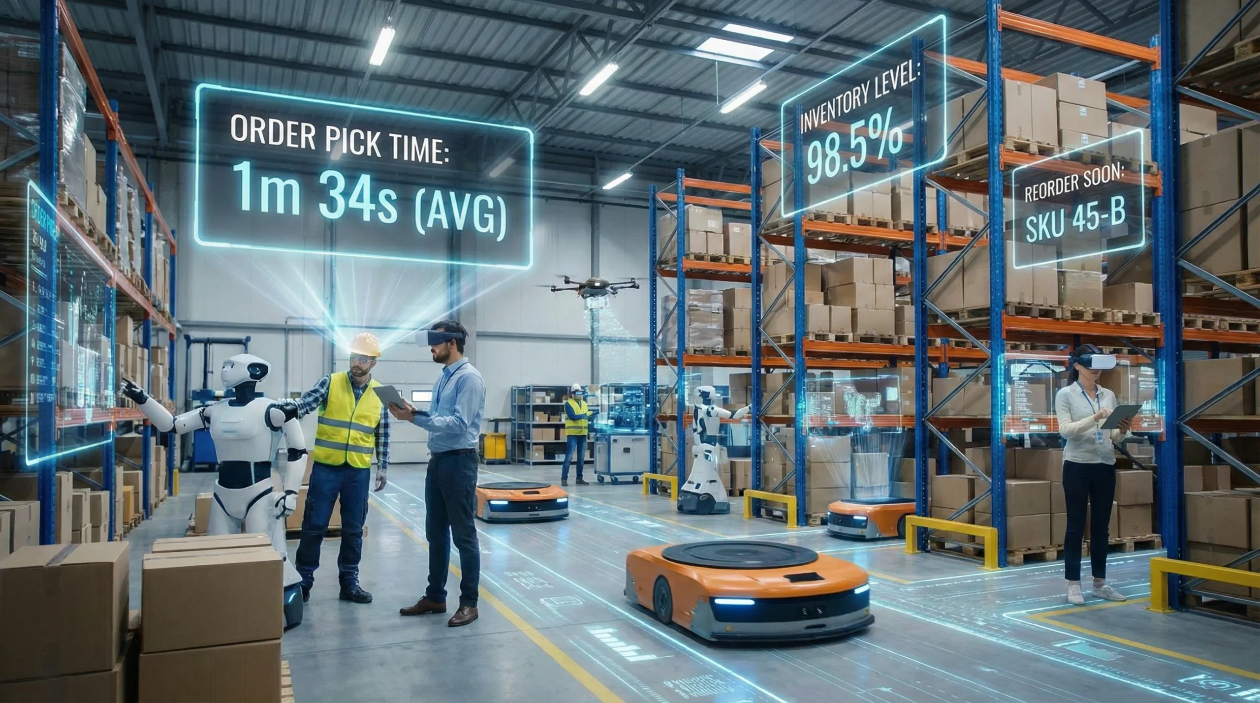 Modern warehouse with digital overlays showing order pick times and inventory management systems