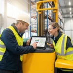 Warehouse manager and forklift operator reviewing distribution operations on tablet in beverage facility