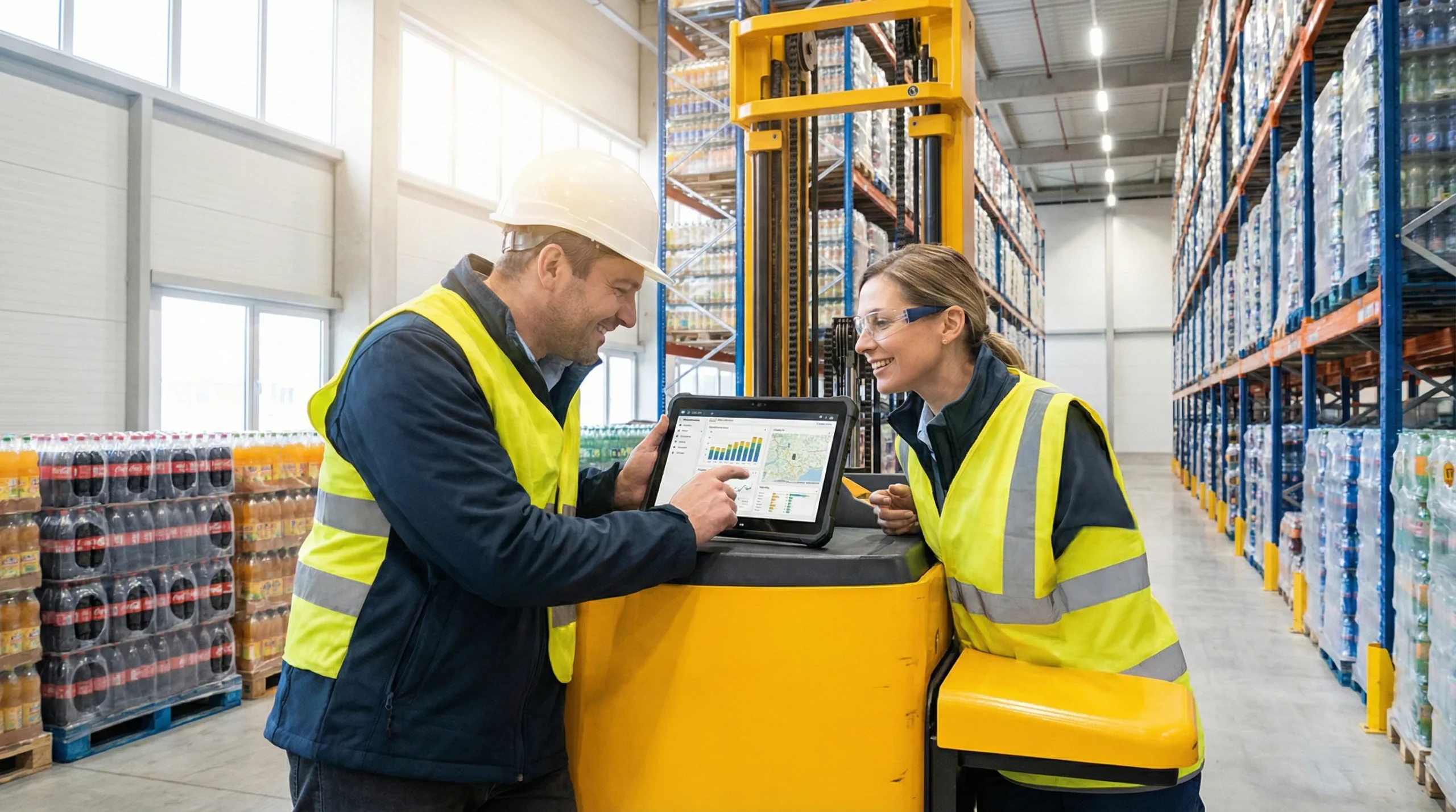 Warehouse manager and forklift operator reviewing distribution operations on tablet in beverage facility