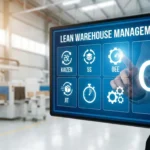 Hand pointing at digital LEAN interface with warehouse efficiency icons and Six Sigma symbol