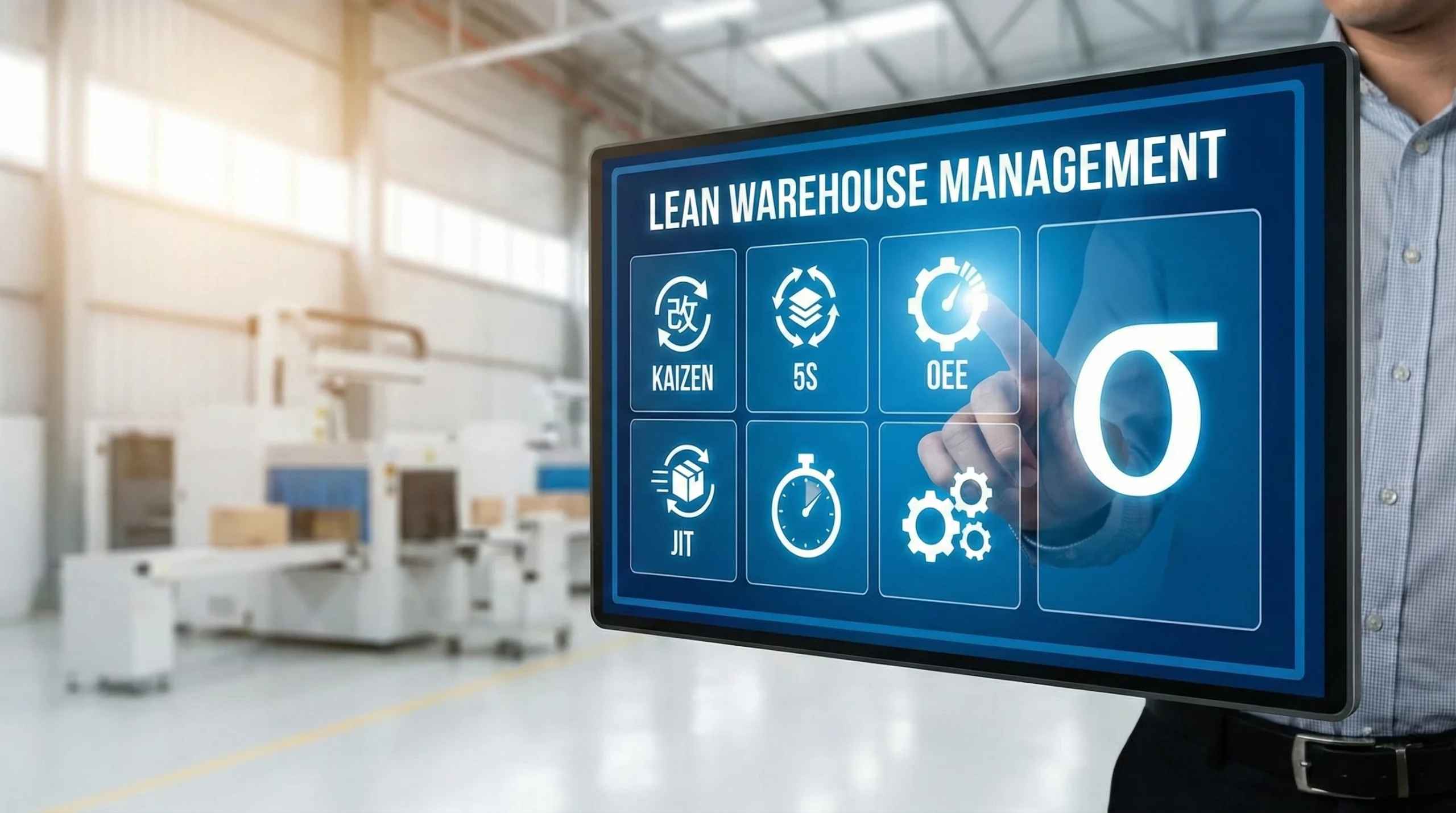 Hand pointing at digital LEAN interface with warehouse efficiency icons and Six Sigma symbol