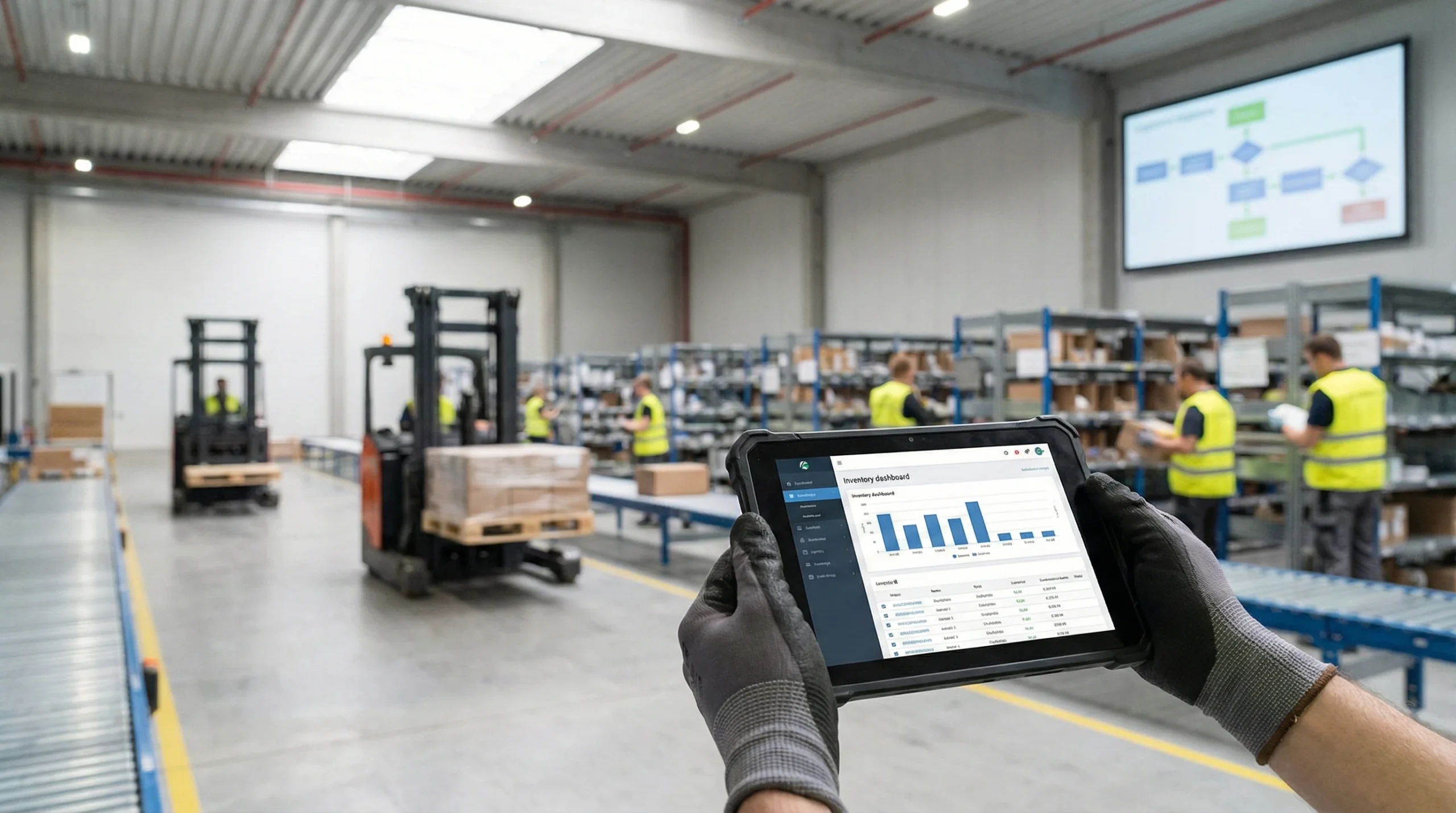 hands holding a tablet checking inventory with warehouse processes being shown in the background