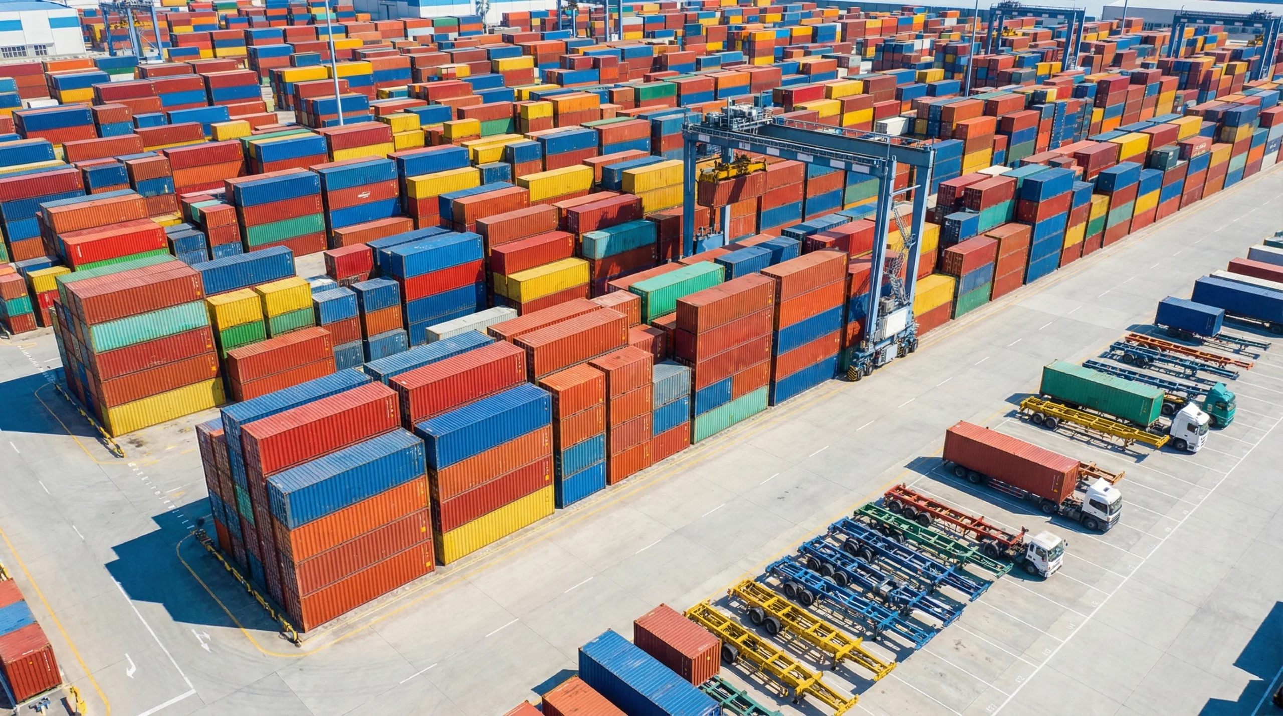 Colorful shipping containers and trailers organized in industrial yard facility