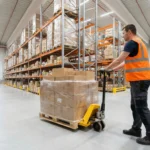 Warehouse worker in safety vest using pallet jack to transport boxes in distribution center