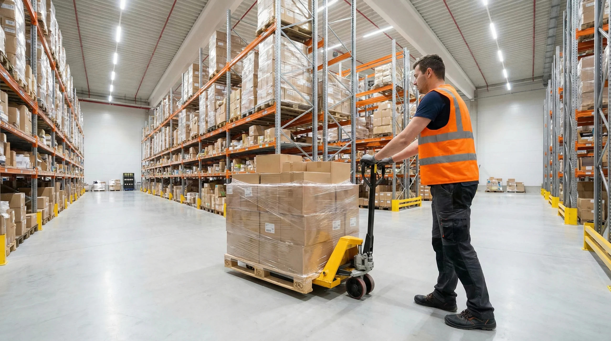 Warehouse worker in safety vest using pallet jack to transport boxes in distribution center