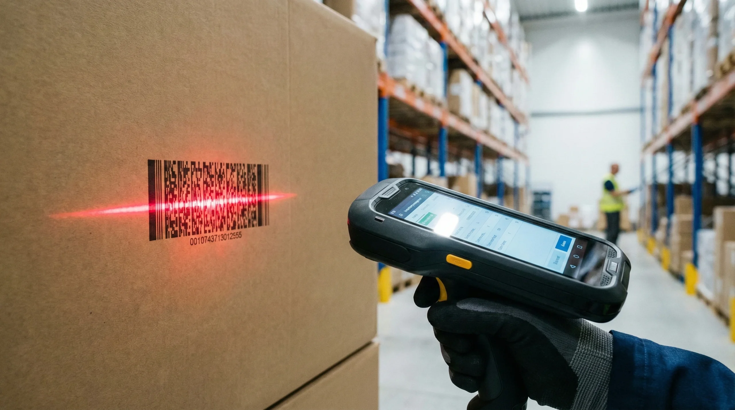 Handheld barcode scanner reading product barcode for warehouse inventory management system