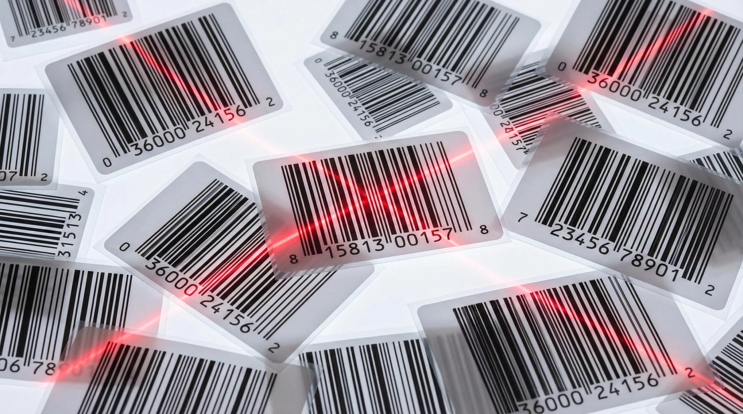 Multiple overlapping 1D barcodes showing various UPC product identification numbers and scanning lines
