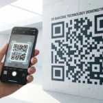 Hand holding smartphone scanning large QR code demonstrating 2D barcode technology