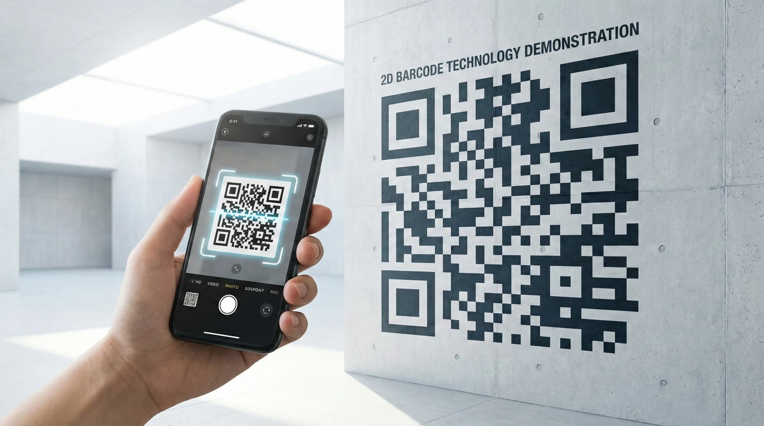 Hand holding smartphone scanning large QR code demonstrating 2D barcode technology