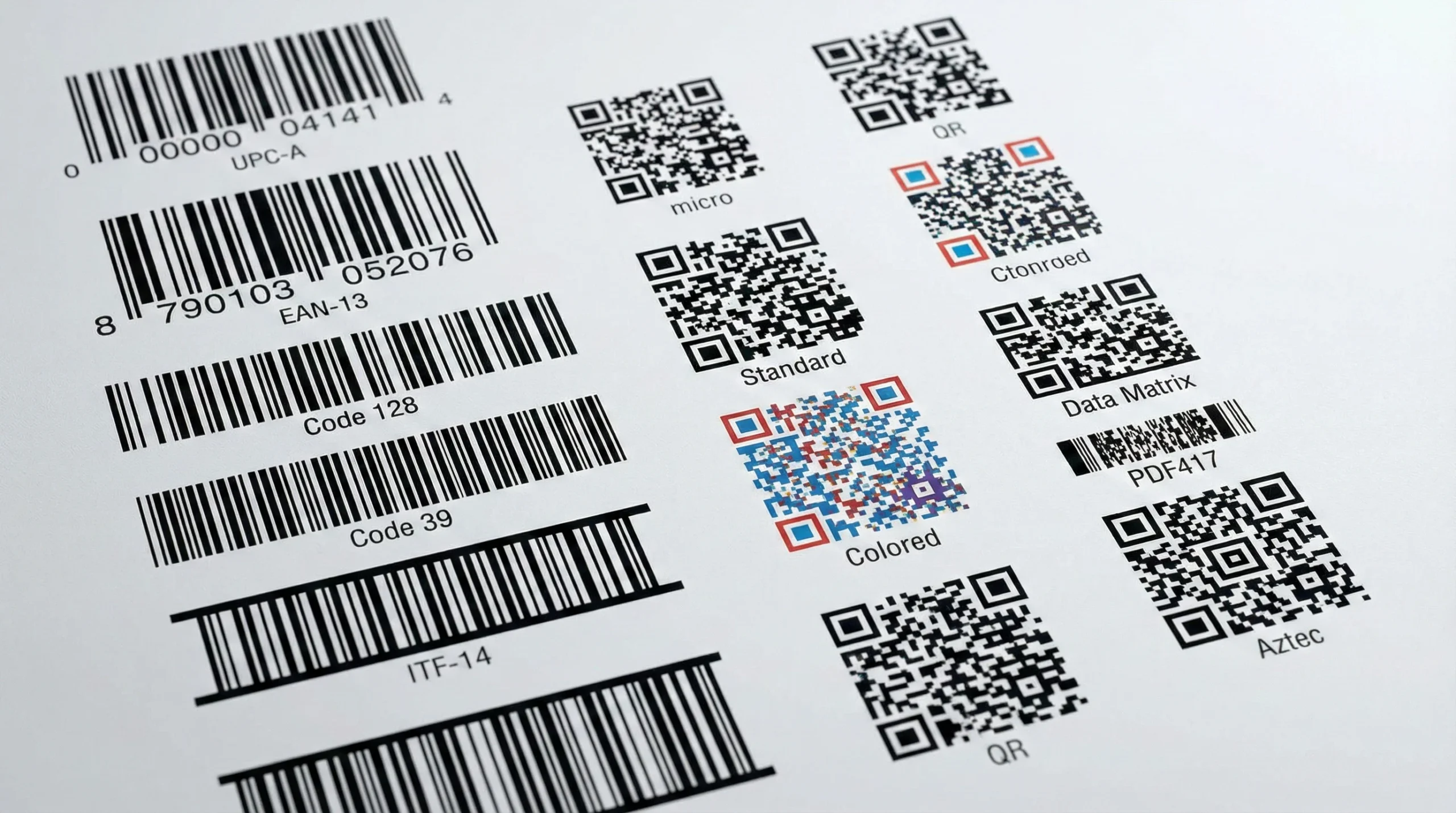 Collection of 1D linear barcodes and 2D QR codes showing different barcode types