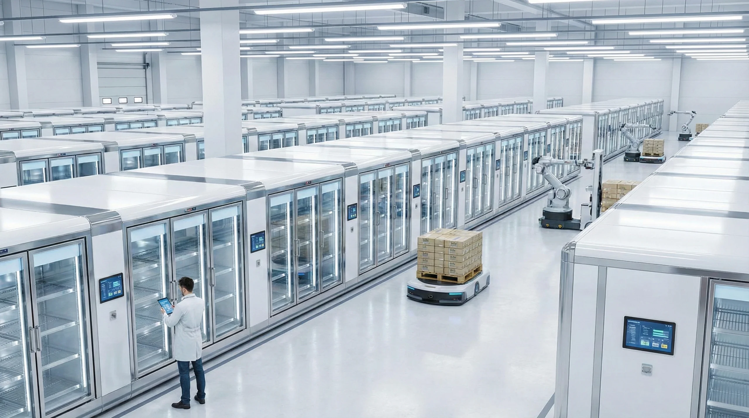 A technologically advanced warehouse filled with organized rows of cold storage units