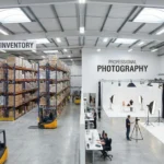 A warehouse with various sections like inventory