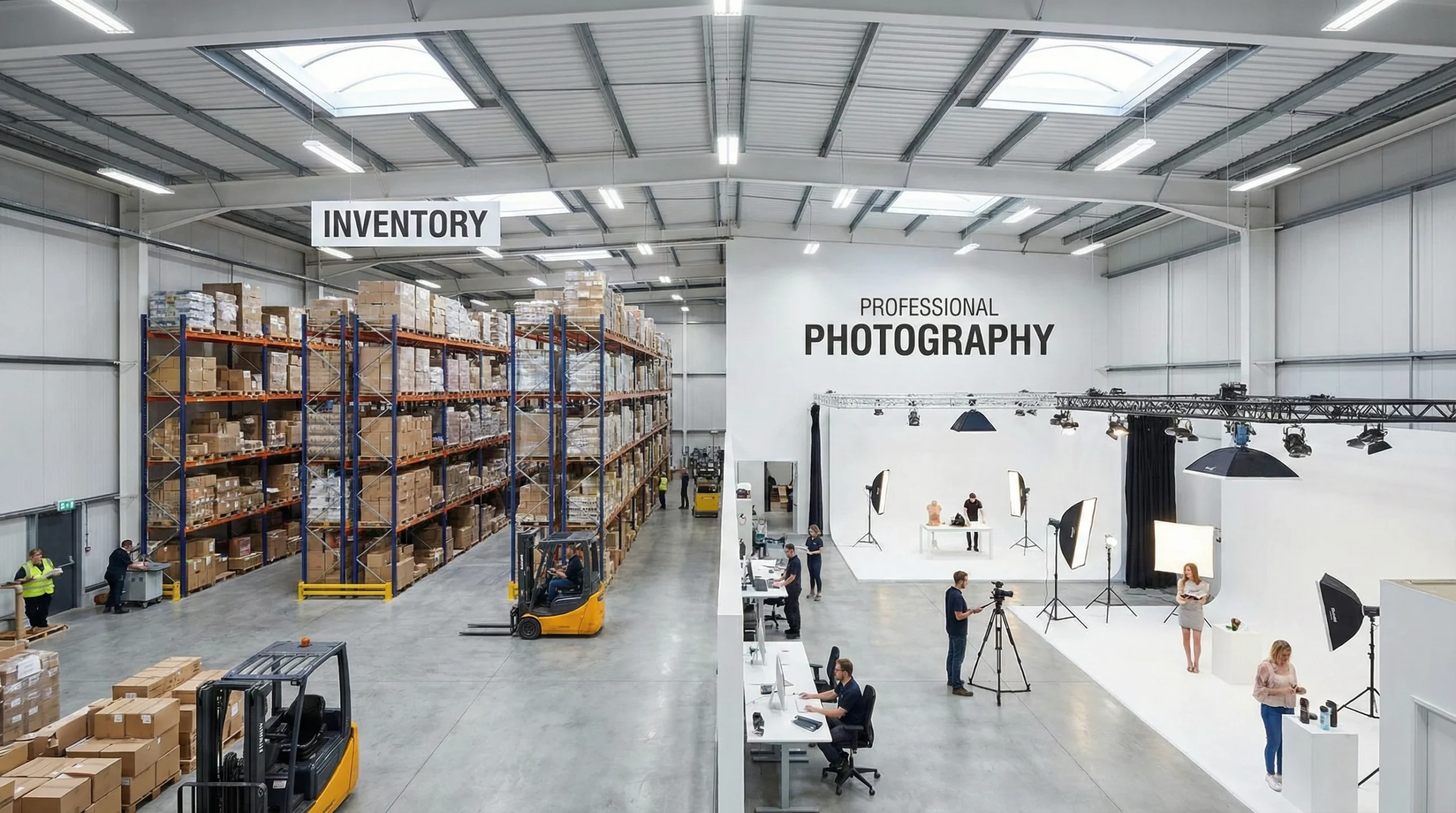 A warehouse with various sections like inventory