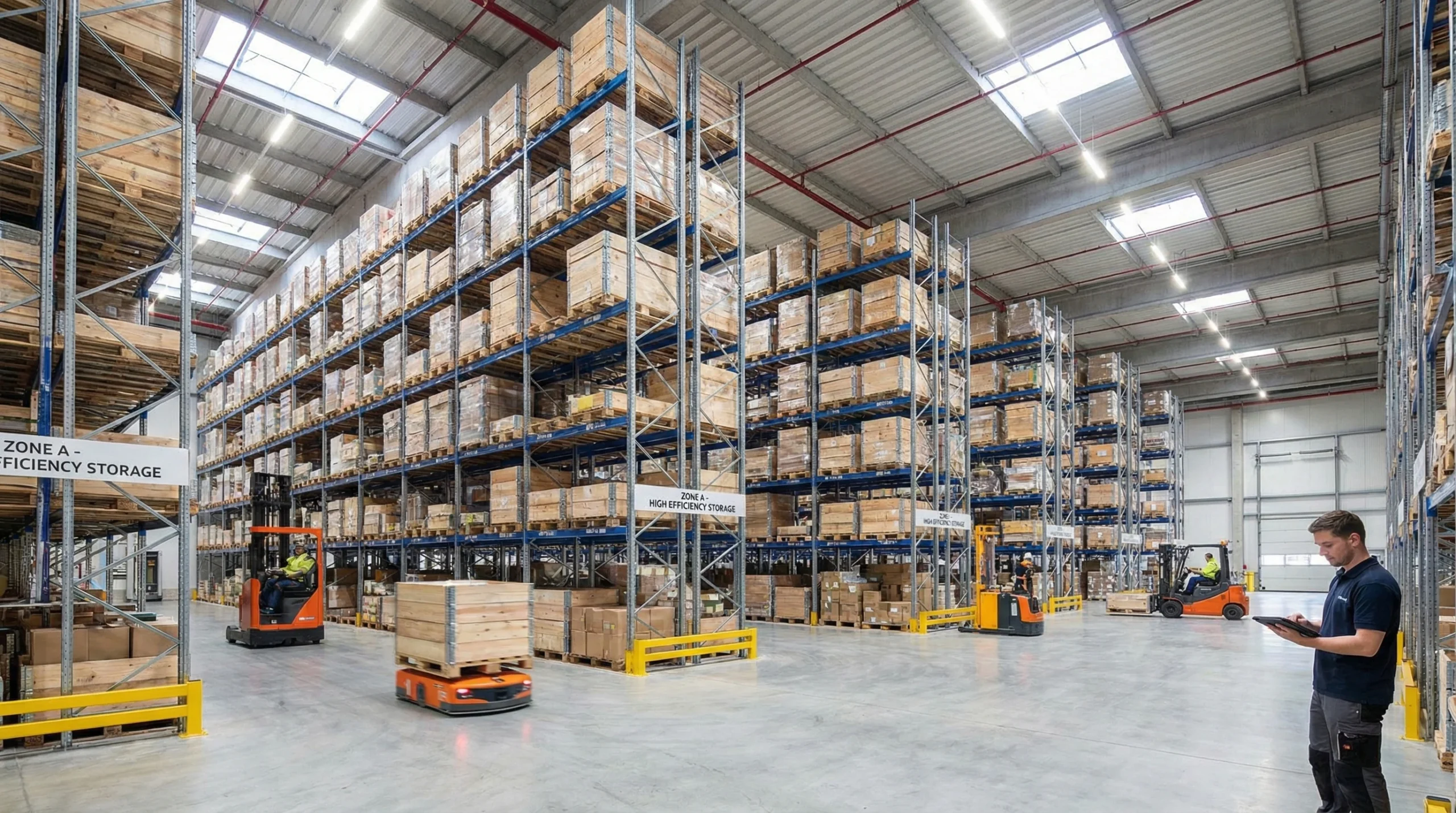 Modern warehouse interior with organized shelving systems and wooden pallets for improved efficiency