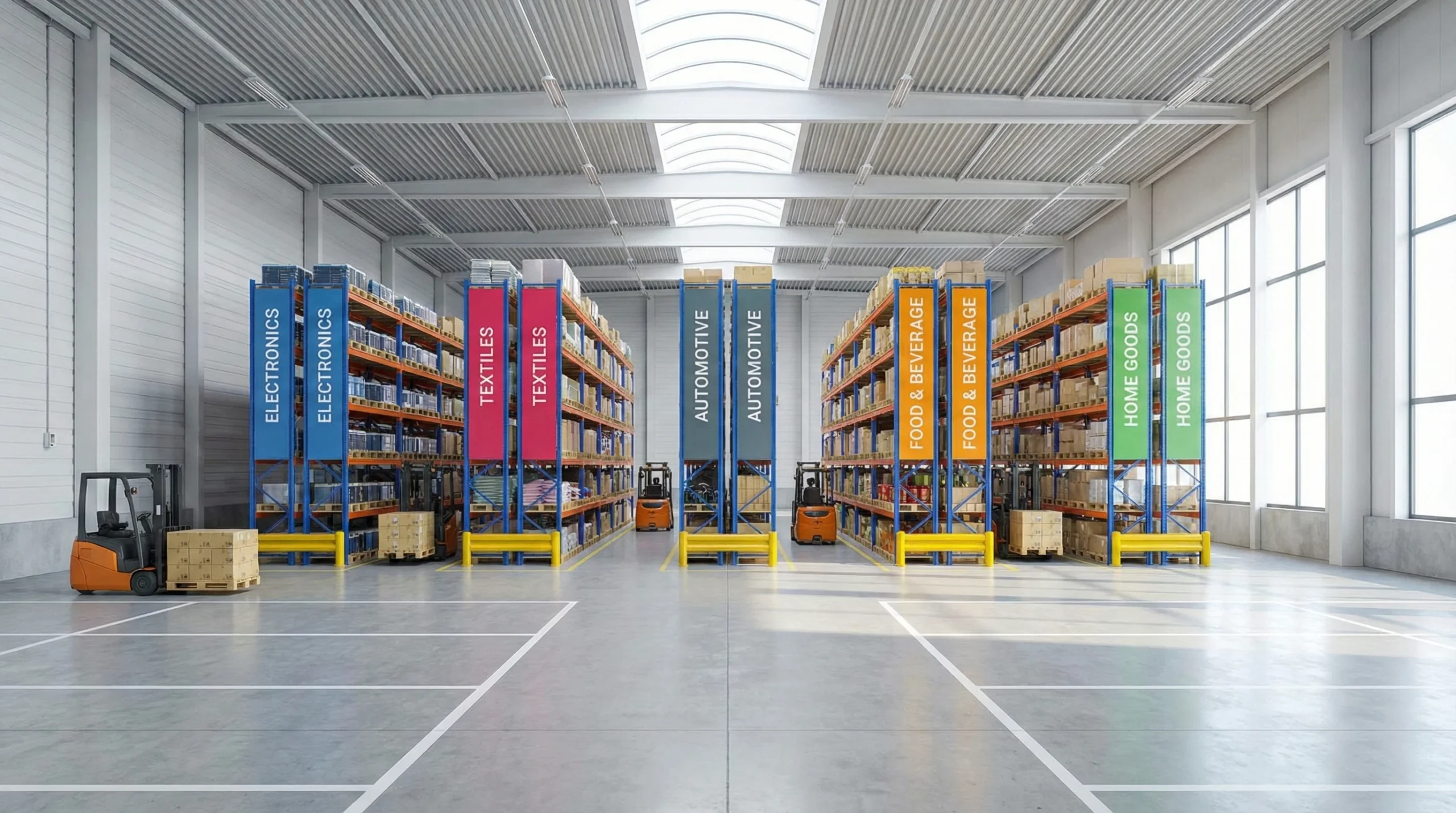 A highly organized warehouse with various sections for different goods