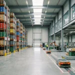 A modern warehouse with organized shelves