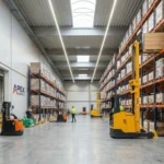 Modern warehouse interior with organized shelving systems and forklift demonstrating efficient operations