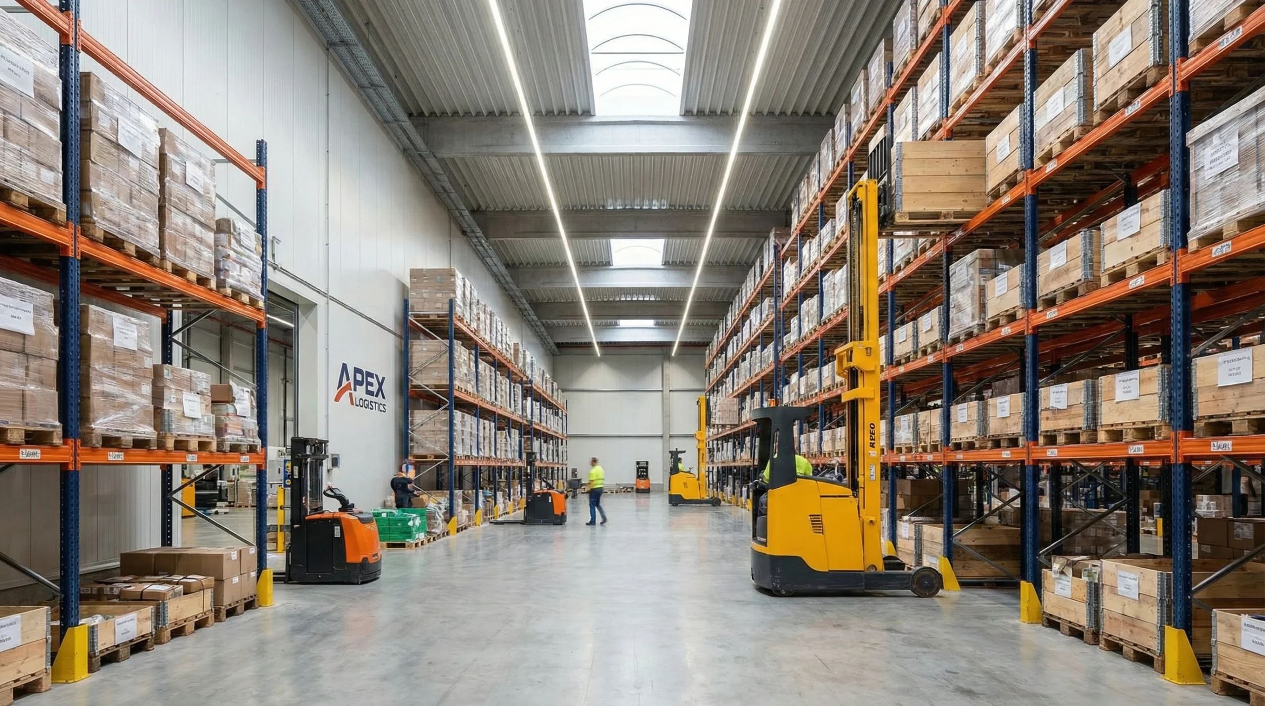 Modern warehouse interior with organized shelving systems and forklift demonstrating efficient operations