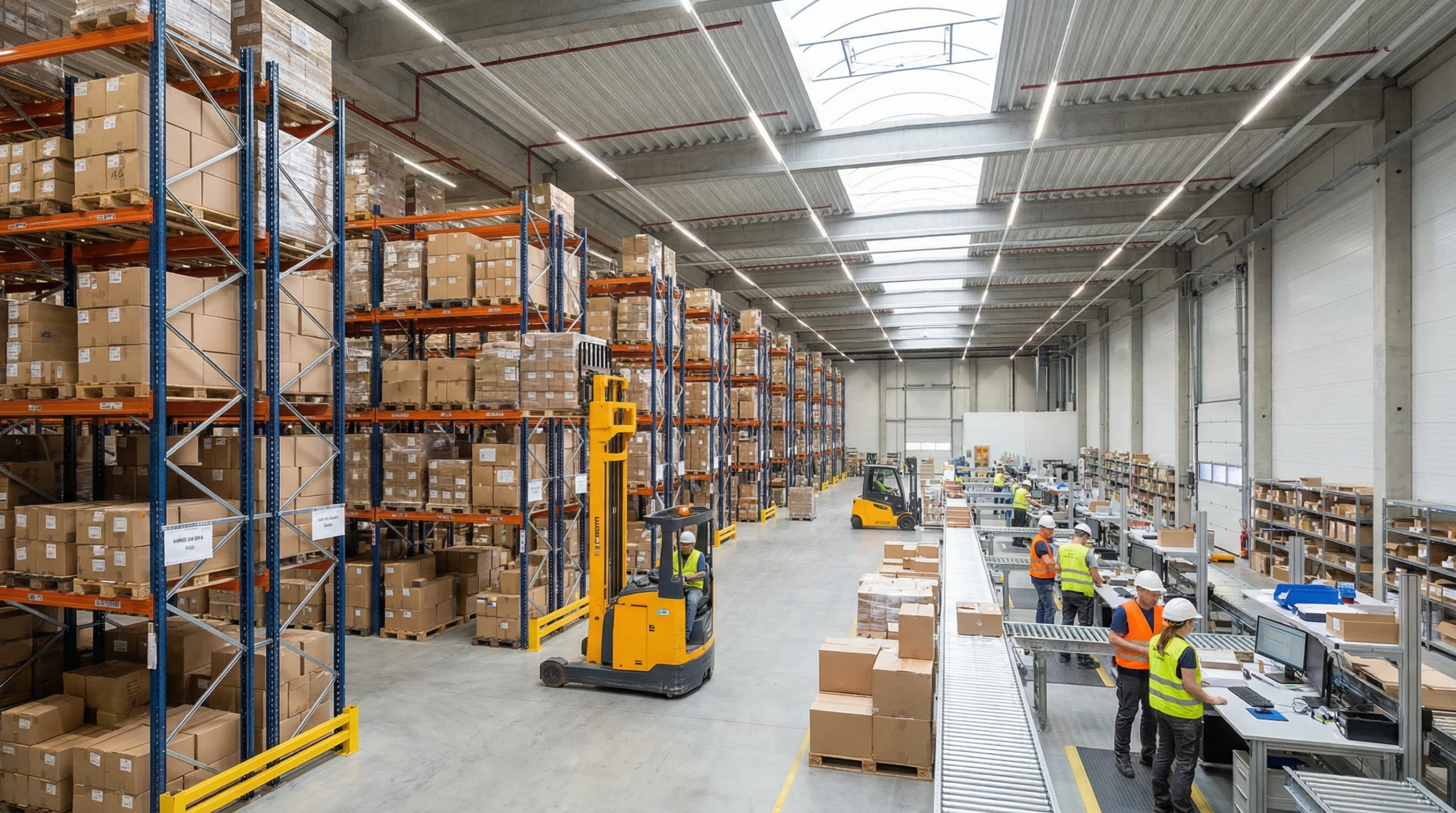 Modern warehouse interior with organized shelving, boxes, and forklift showcasing efficient operations