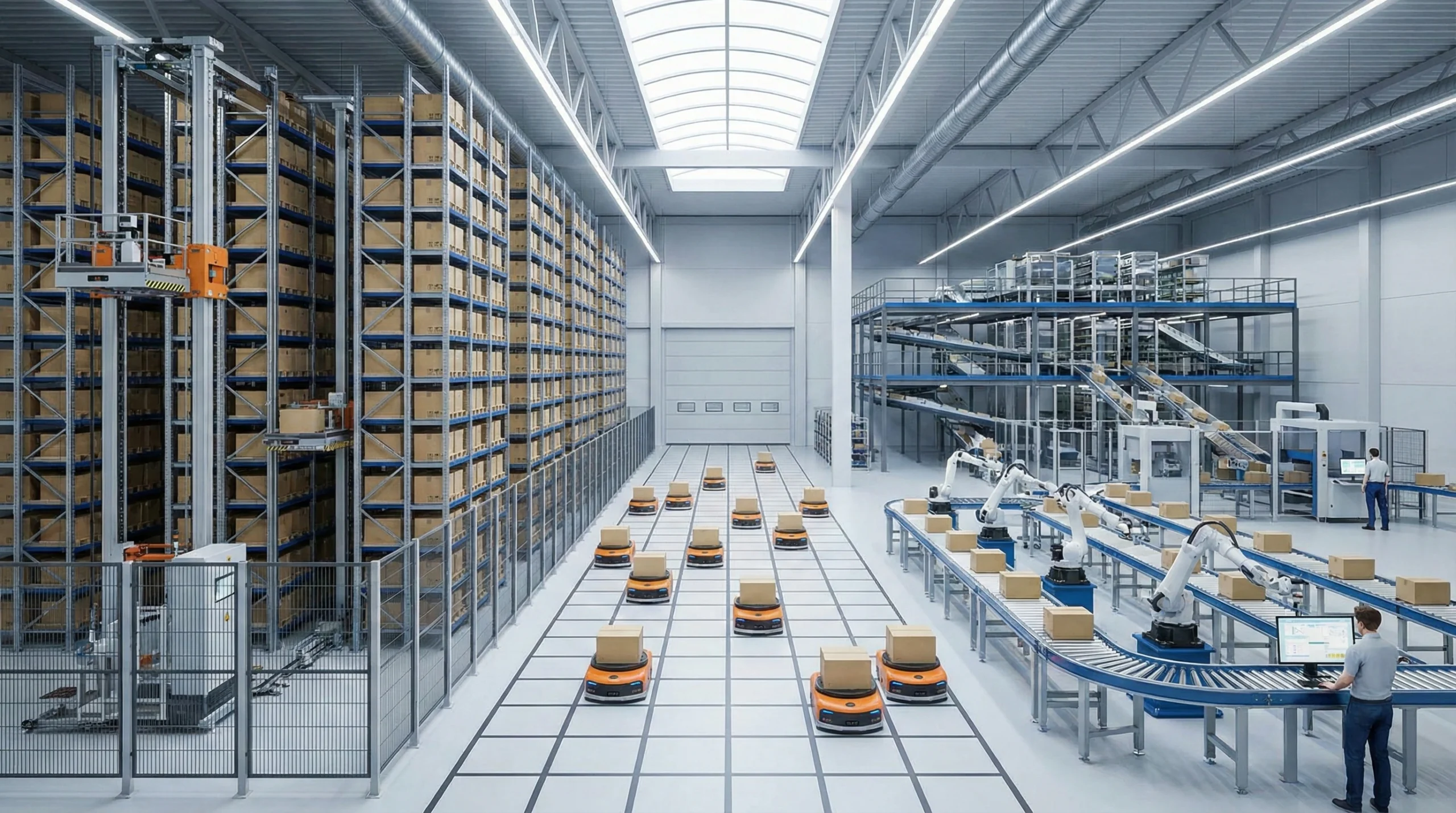 A modern warehouse with different sections showing automated systems