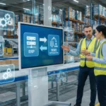 Two professionals discussing ERP WMS integration in modern warehouse with digital icons