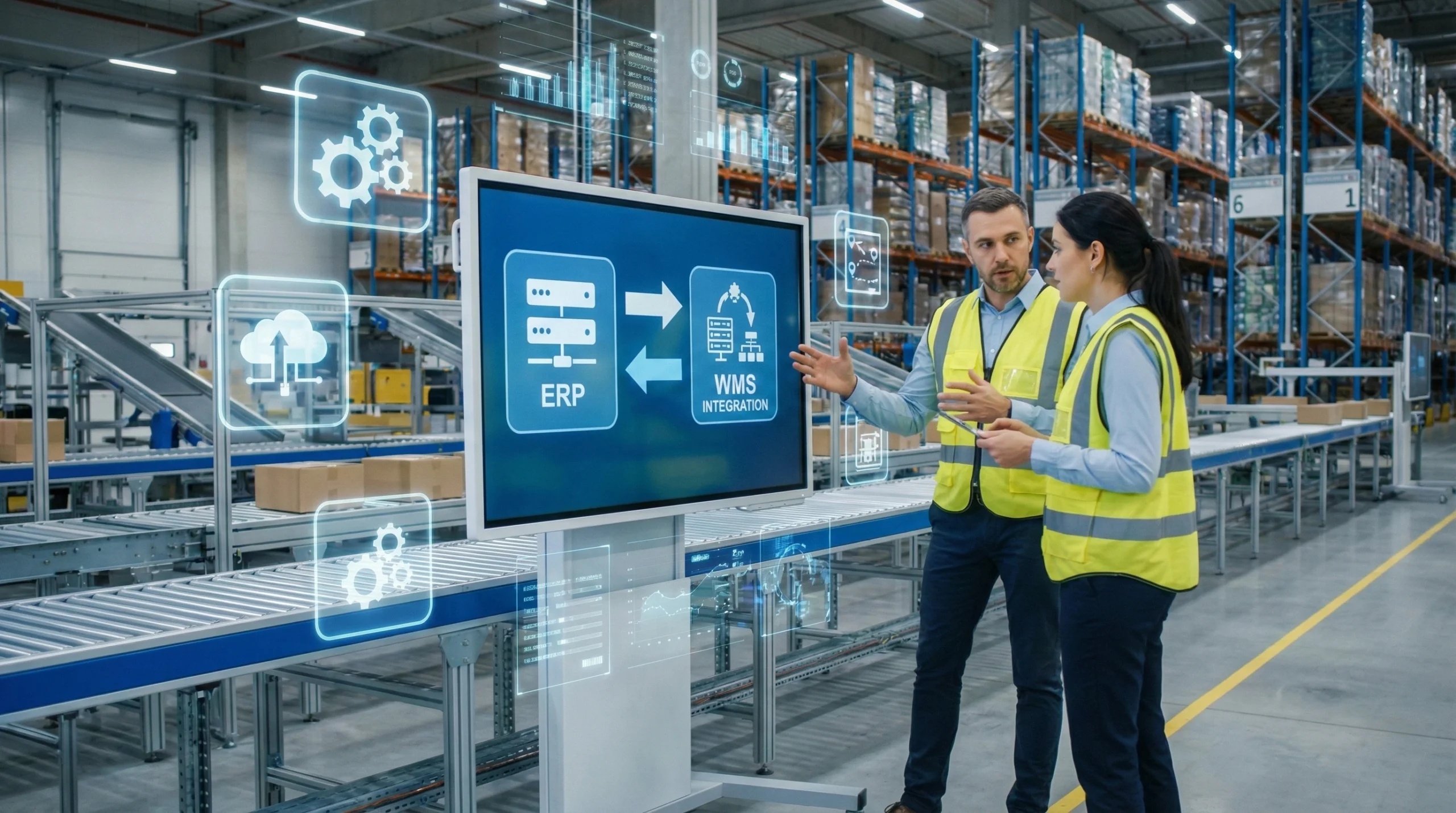 Two professionals discussing ERP WMS integration in modern warehouse with digital icons