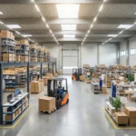 A well-organized warehouse with various sections for different goods