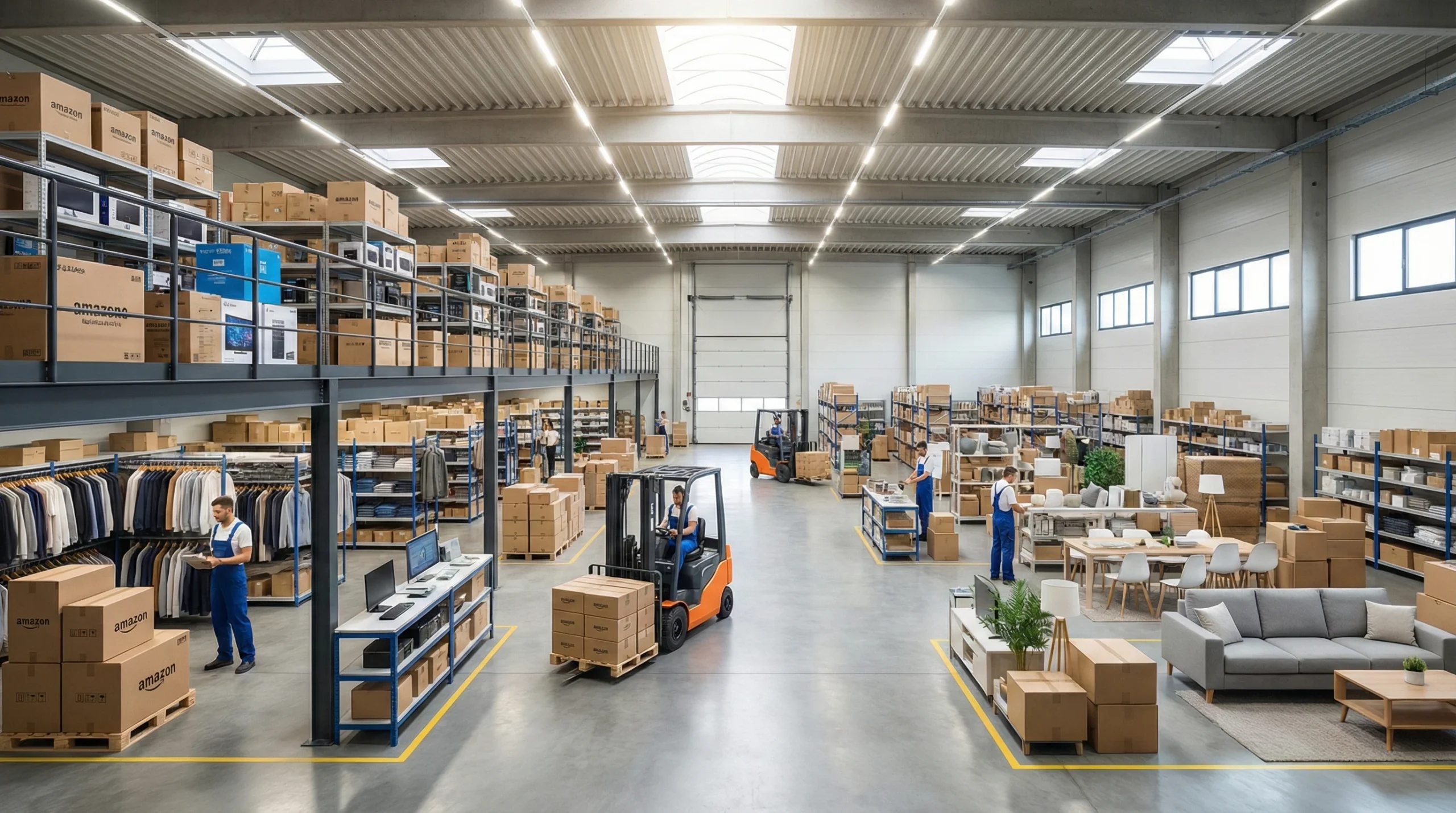 A well-organized warehouse with various sections for different goods