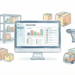 Inventory management software dashboard with warehouse shelves, boxes, barcode scanner and delivery truck