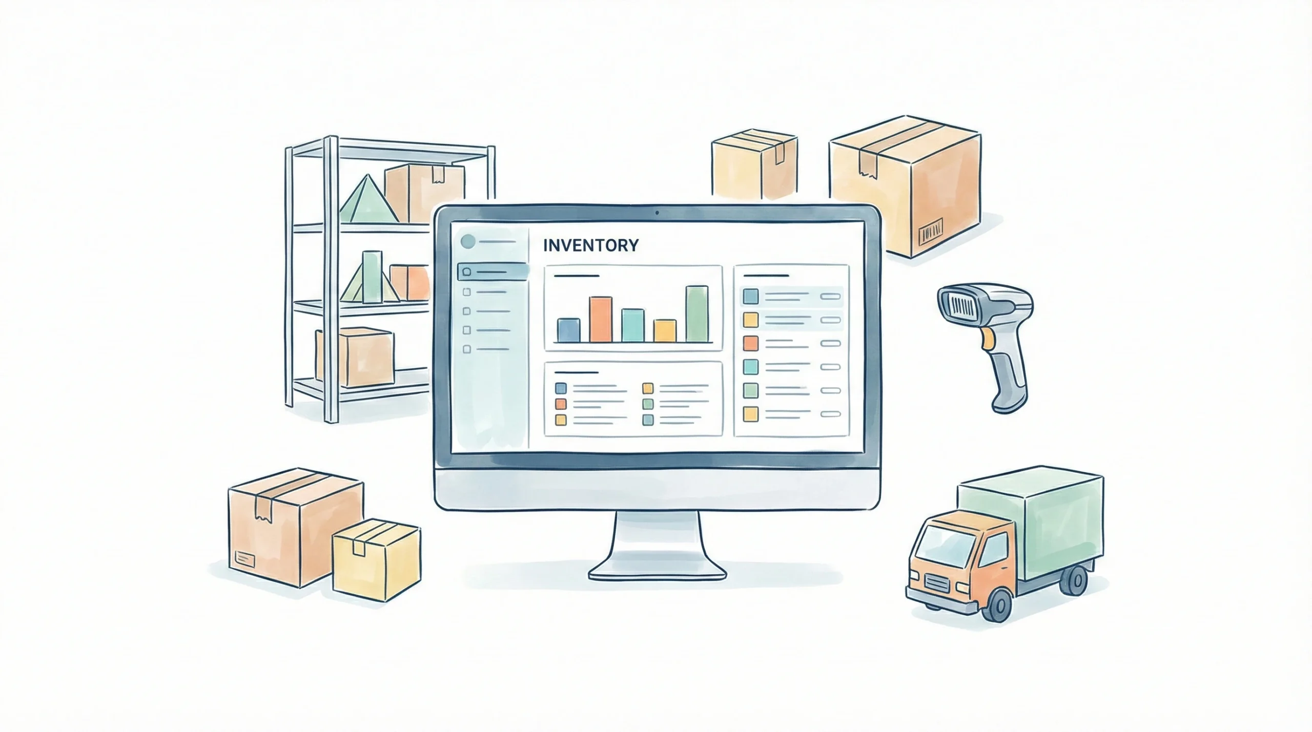 Inventory management software dashboard with warehouse shelves, boxes, barcode scanner and delivery truck