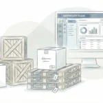 Inventory management software dashboard displaying charts and analytics with warehouse boxes and shipping crates