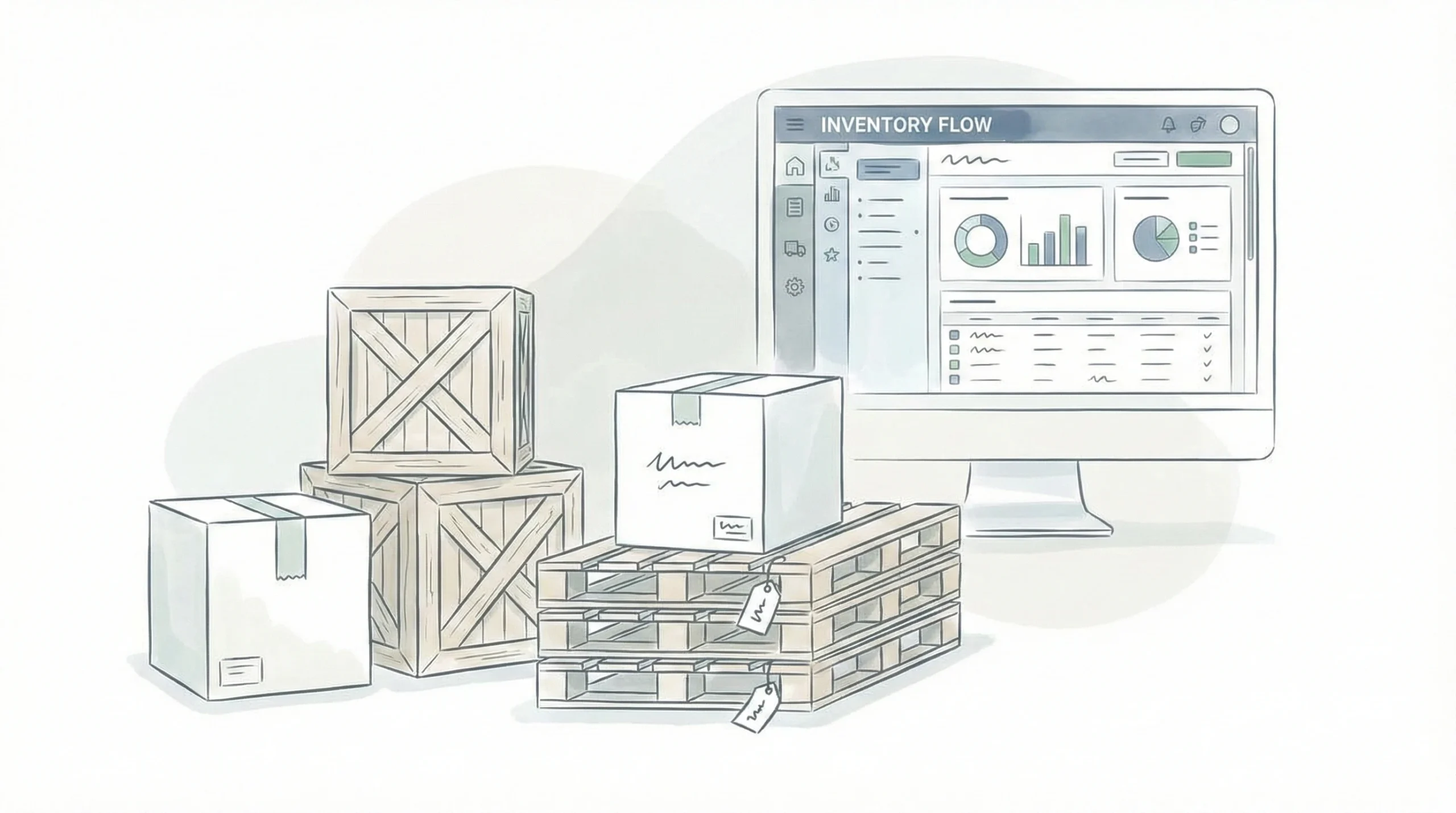 Inventory management software dashboard displaying charts and analytics with warehouse boxes and shipping crates