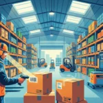 Warehouse worker scanning boxes with handheld device for inventory management system tracking