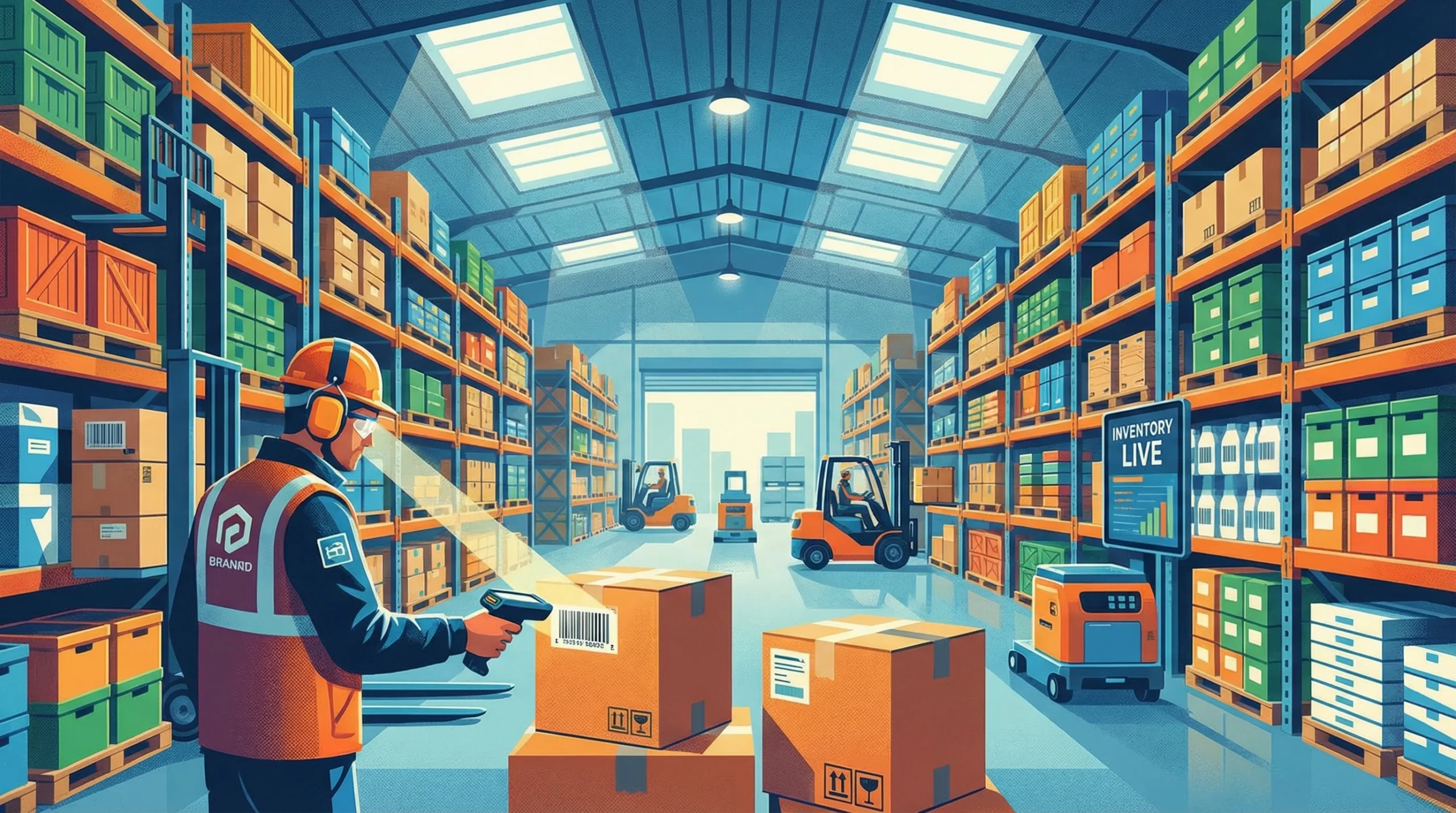 Warehouse worker scanning boxes with handheld device for inventory management system tracking