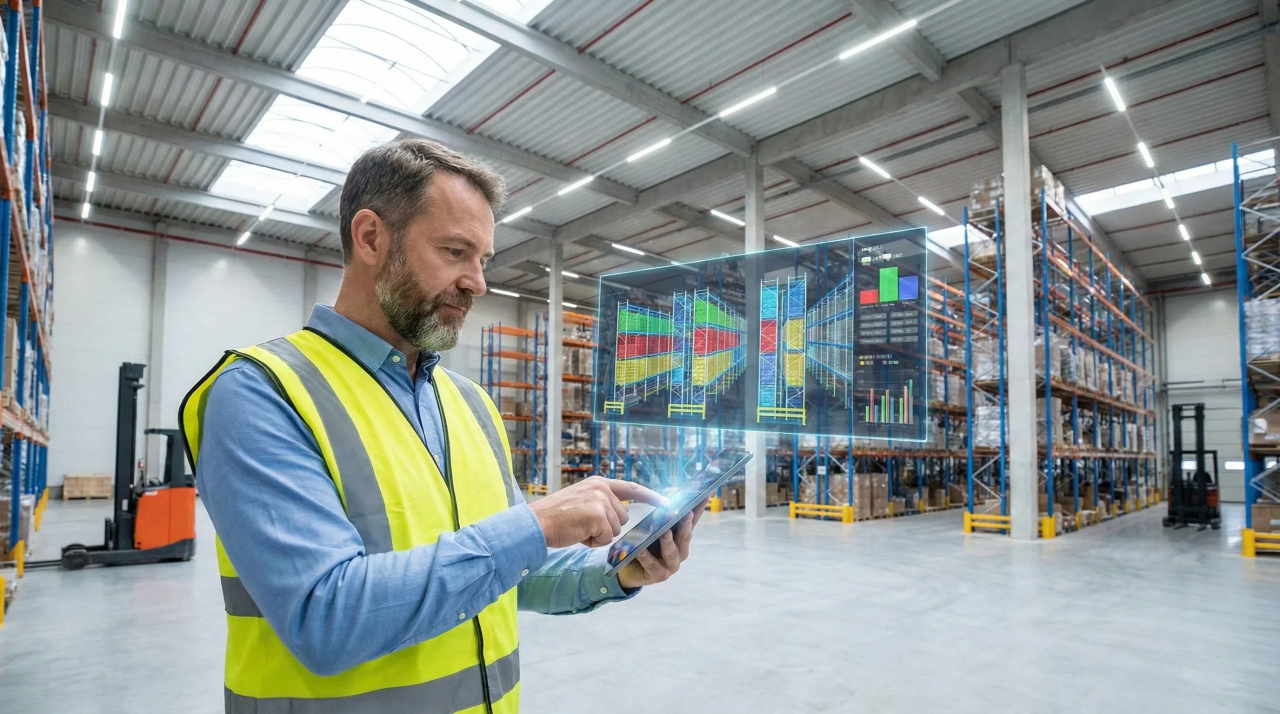 Warehouse manager using tablet to optimize inventory slotting with digital interface display